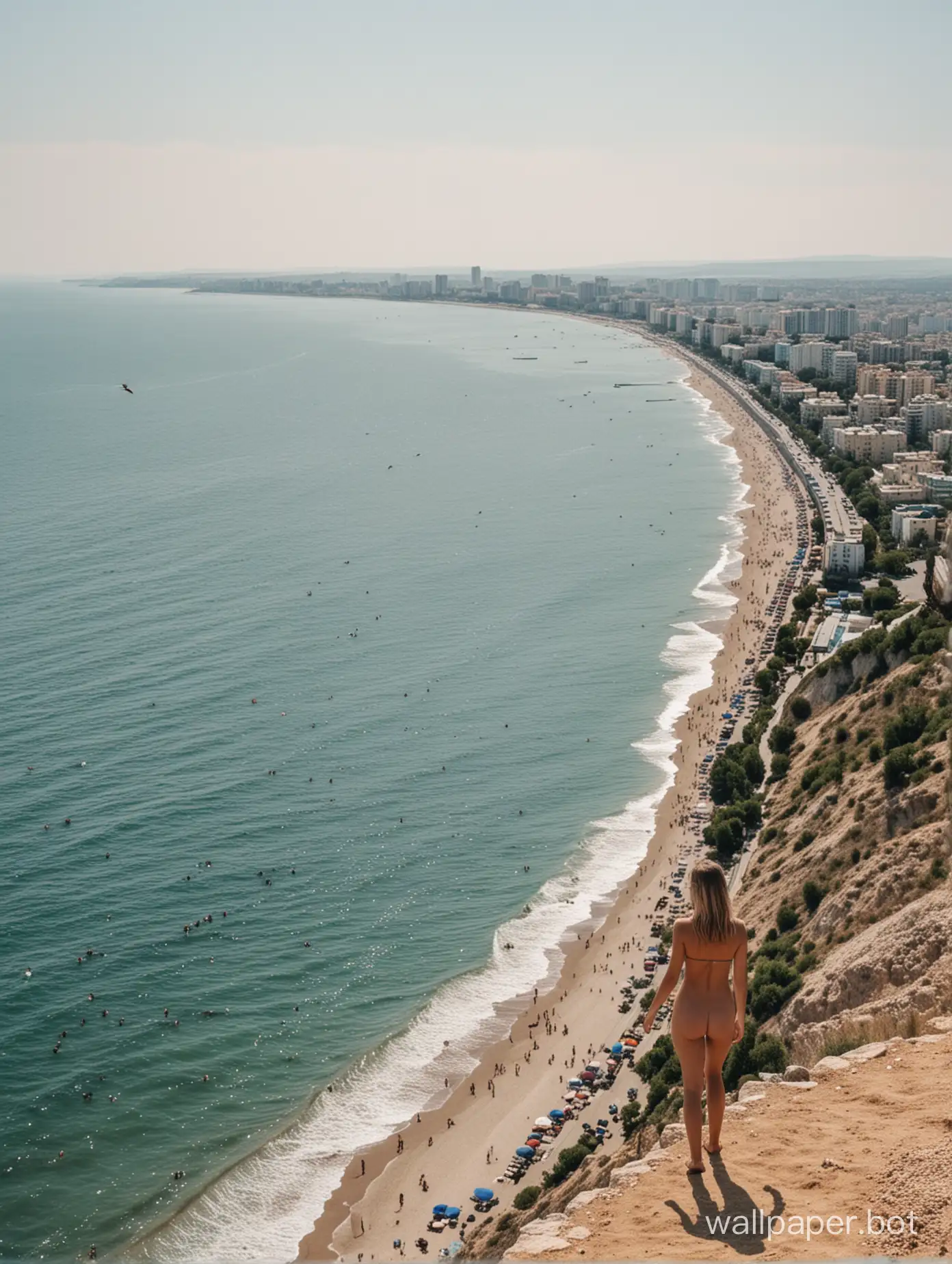 View of the city in the distance against the sea, Crimea, summer, people, birds, nudist beach in the distance