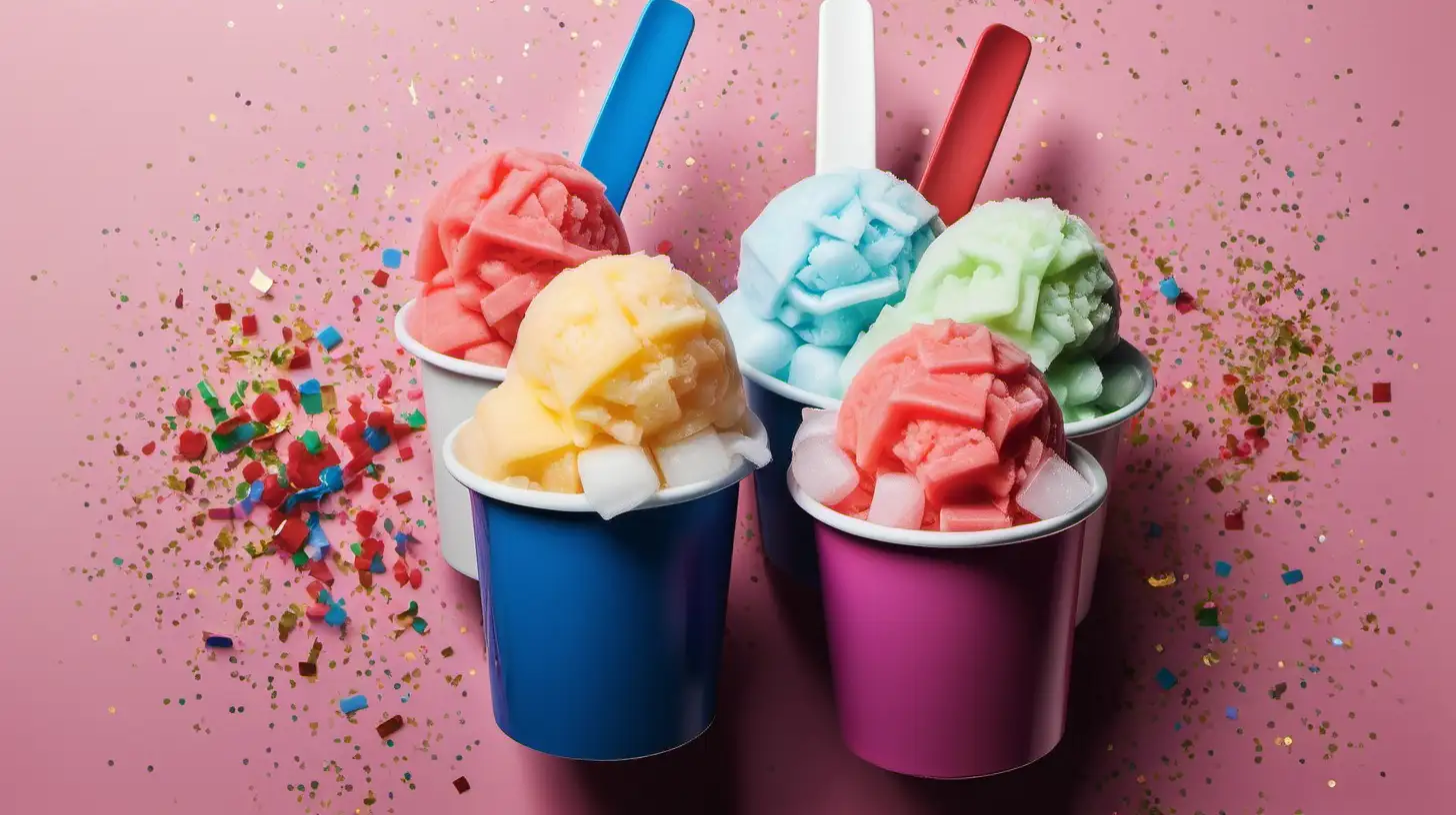 Colorful Italian Ice Scoops in Cups with Confetti Celebration