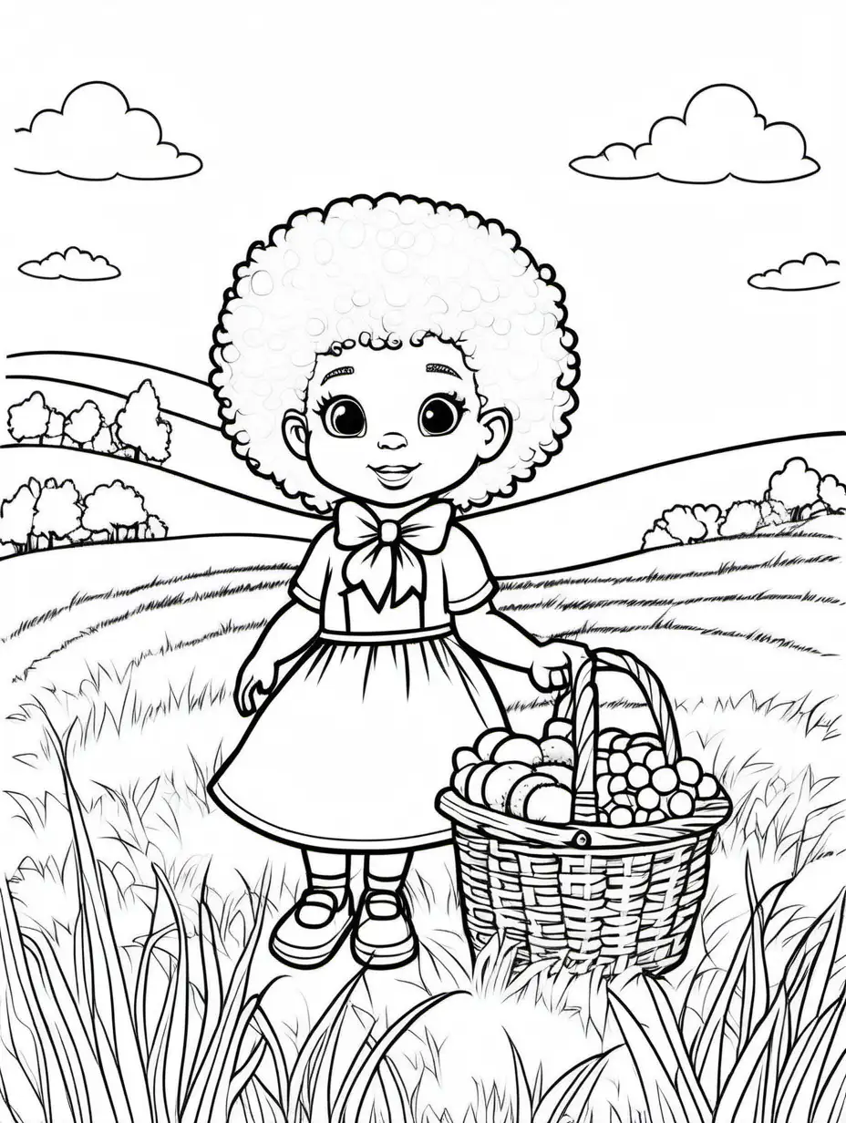 Cartoon Toddler Girl with Picnic Basket in Grassy Field