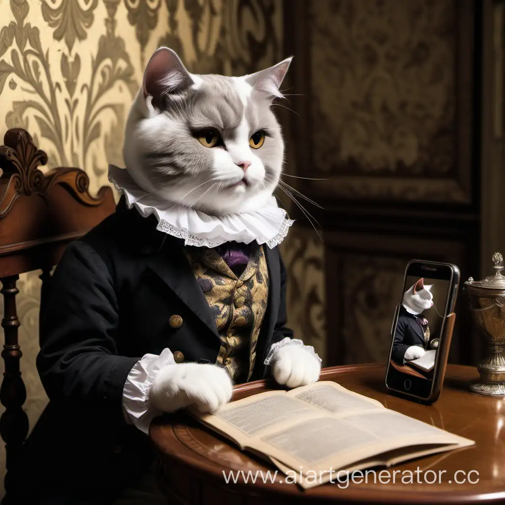 Кошка сидит в комнате в викторианском стиле, держит в руках смартфон и пишет сообщение 