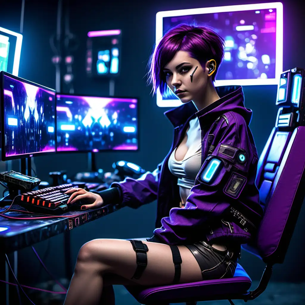 Create a cyberpunk girl with purple short hair who is sitting infront a gamingsetup