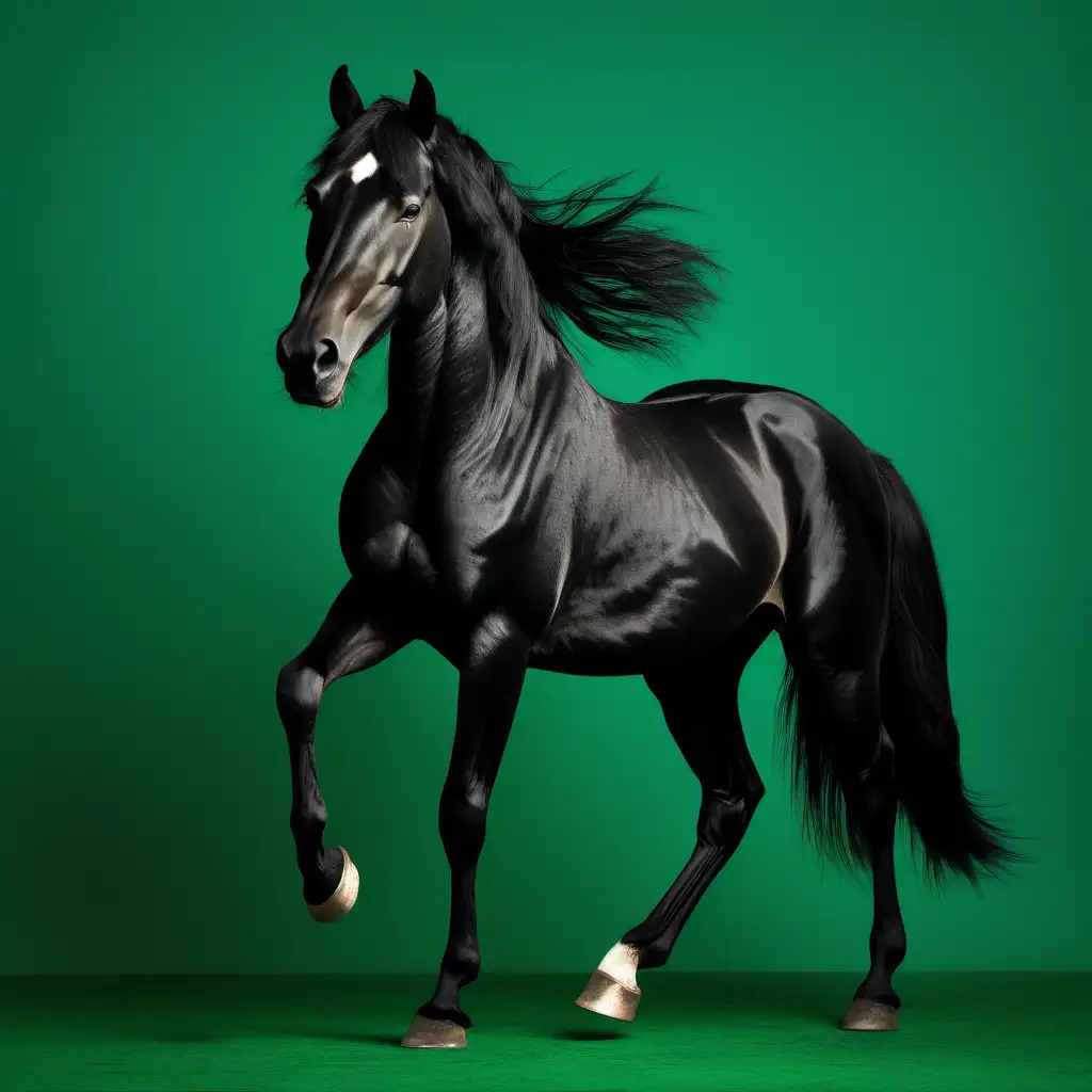 Направи ми картинка на  черен кон в цял ръст с наведена глава на зелен фон