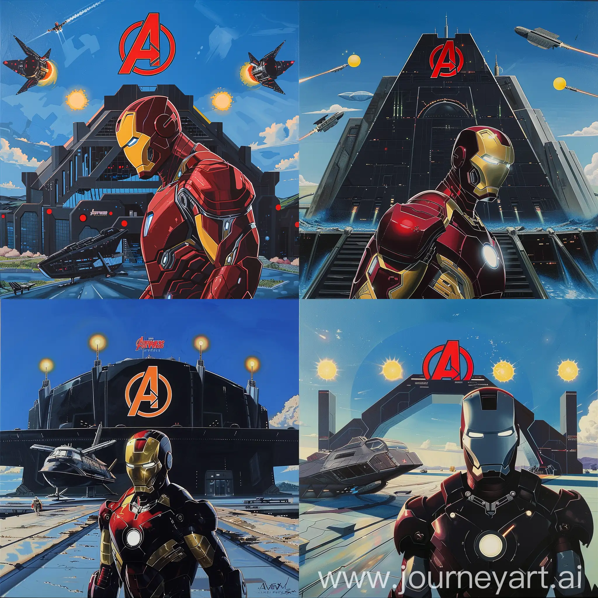 Historic painting style:

In the middle, there is a Iron Man.

Futuristic black steel Avenger Headquarters building complex far behind as background, a giant red logo of Avengers on the top of the Headquarters building complex.

Avengers steel spacecrafts and three small yellow suns in blue sky.