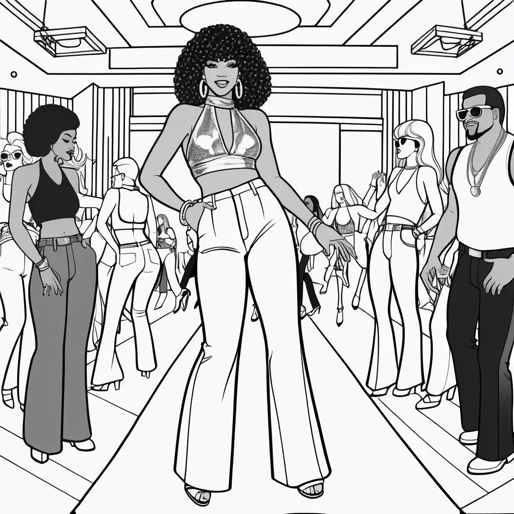 Coloring page with white interior with a disco fashion icon wearing a halter-neck top paired with high-waisted, flared pants, exuding confidence on the dance floor.