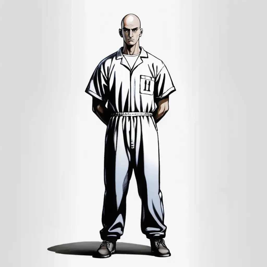 Athletic Tall Man in Prison Jumpsuit with Shaved Head Against White Background PS2 Style
