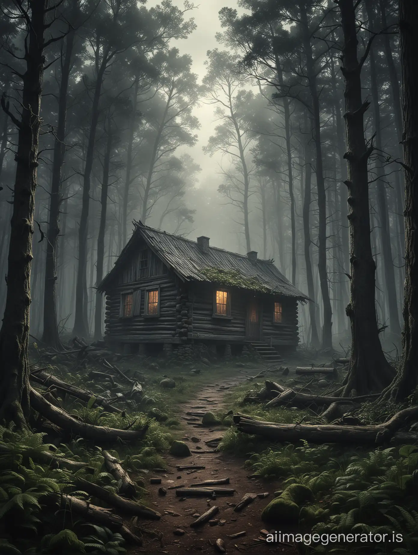 Create a dynamic and immersive poster. The scene is set in an eerie forest with an old, haunted cabin  
