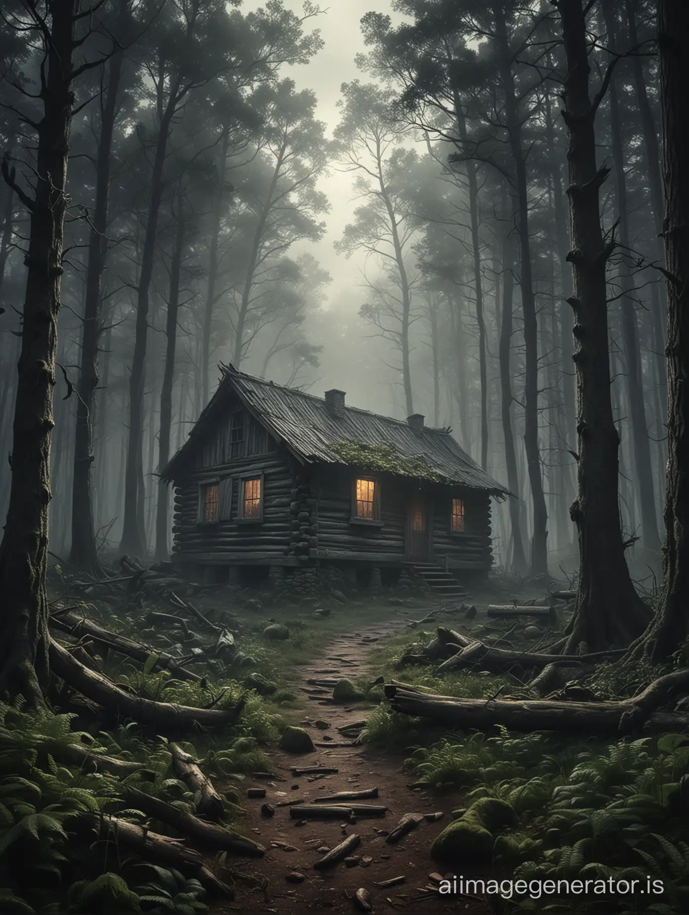Create a dynamic and immersive poster. The scene is set in an eerie forest with an old, haunted cabin