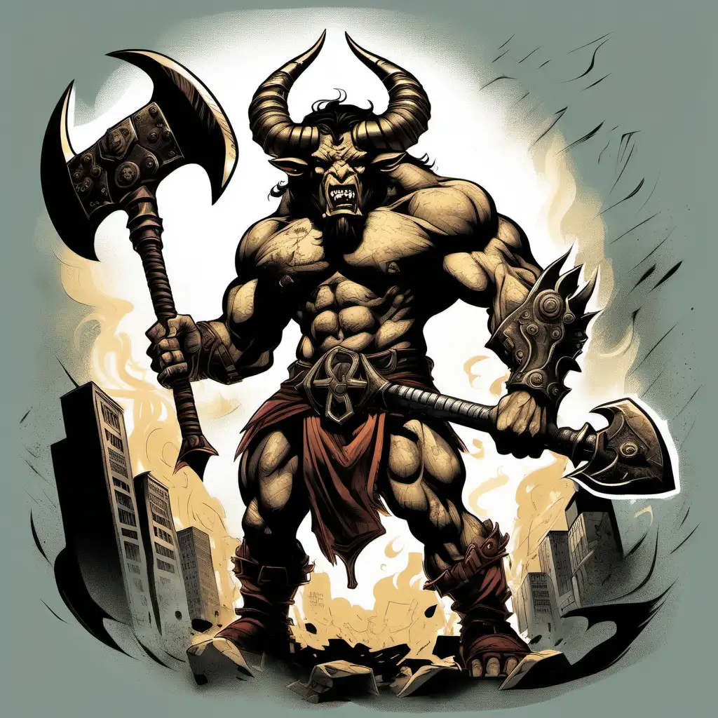 has the head of a minotaur with massive horns and a muscular human physique. Dressed in intimidating urban armor adorned with minotaur symbols, his eyes burn with a fierce determination.  wields a massive double-headed battle axe.