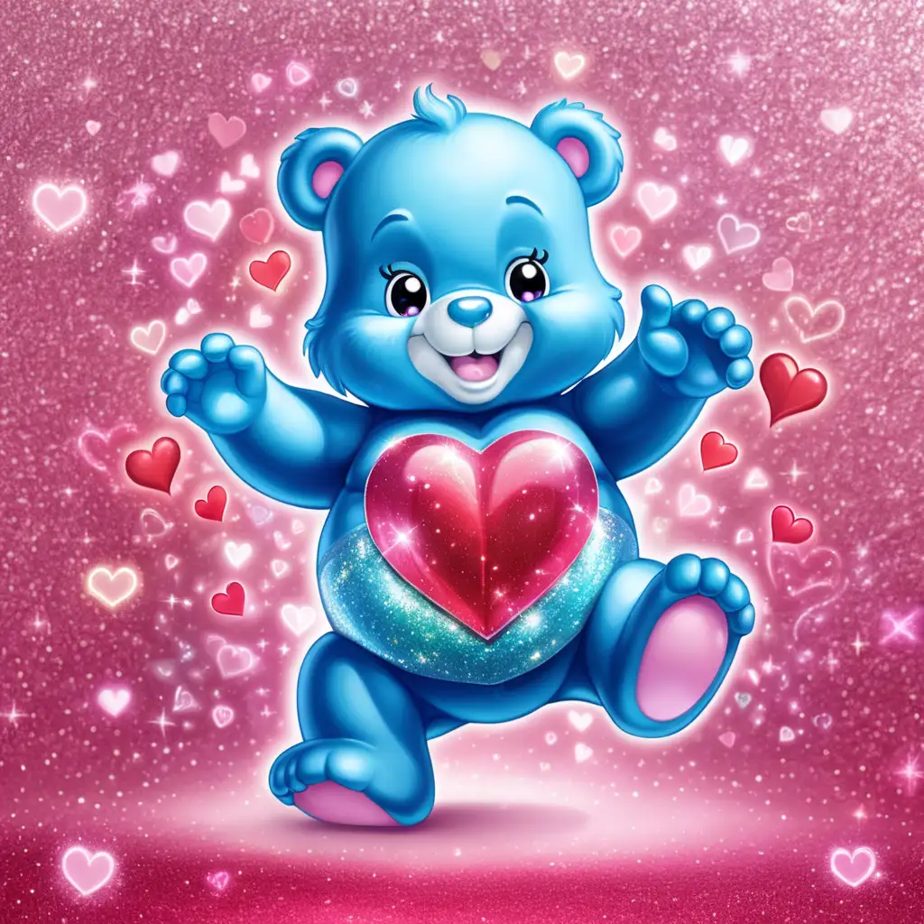 care bear with glowing heart on the belly, beautiful valentine background, glitter, sparkle, glowing, with valentine card