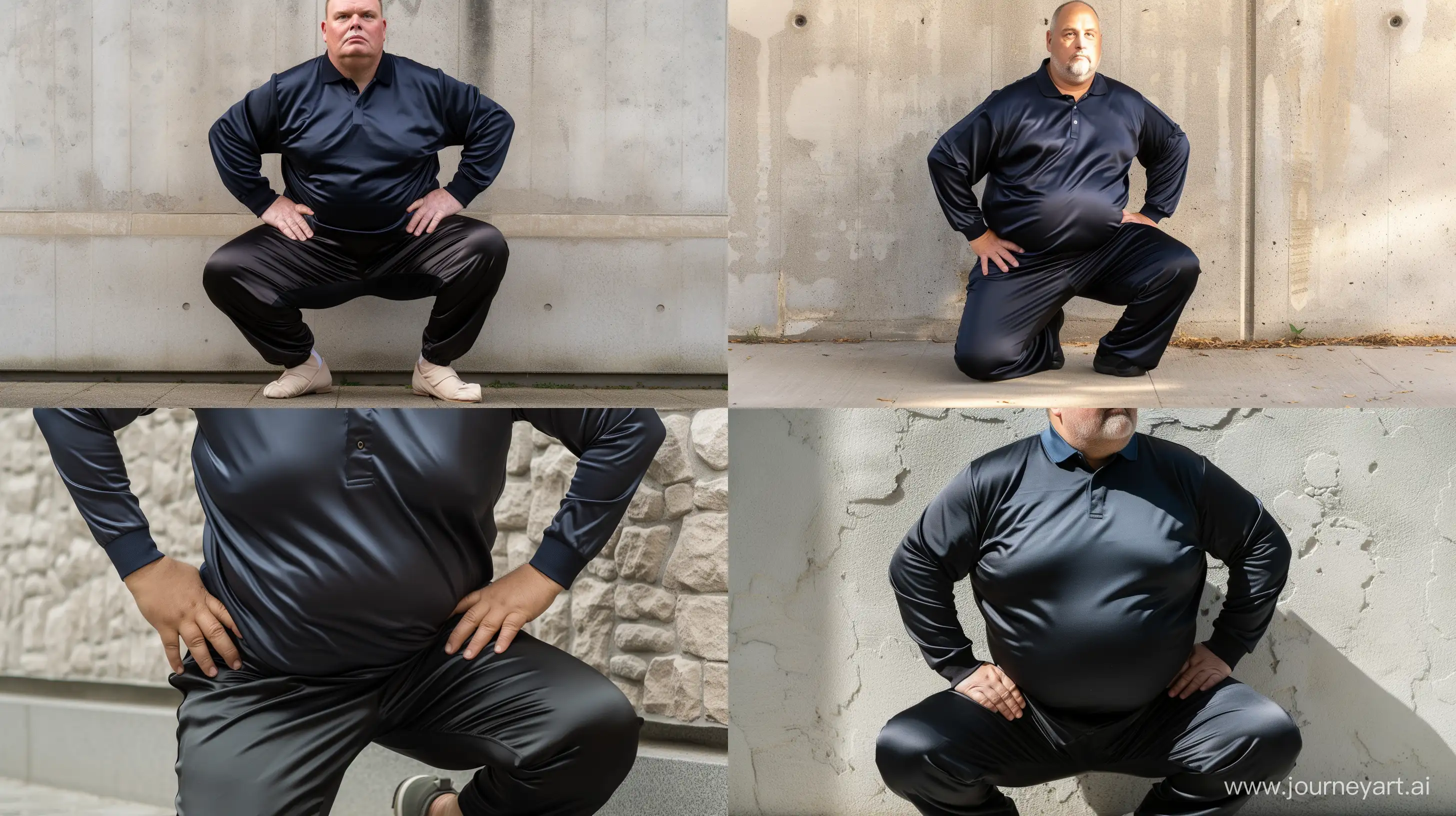 Front view close-up photo of a fat man aged 60 wearing a silk black tracksuit tight pants and a tucked in navy sport silk polo shirt. Kneeling on ground against a wall. Hands on hips. Outside. --style raw --ar 16:9
