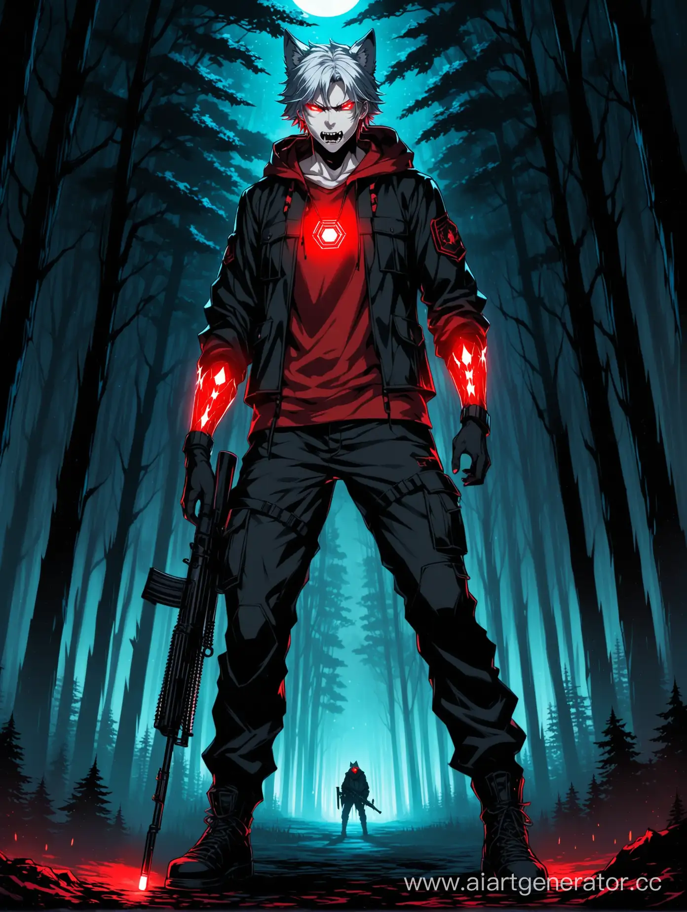 grey hair, wolf ears, short hair, male, glowing eyes, slim face, angular and fierce facial features, big fangs, pale skin, mid 20s, black military pants, hoodie with hexagonal black metal pieces, rifle colored in black and red, night, forest, full height
