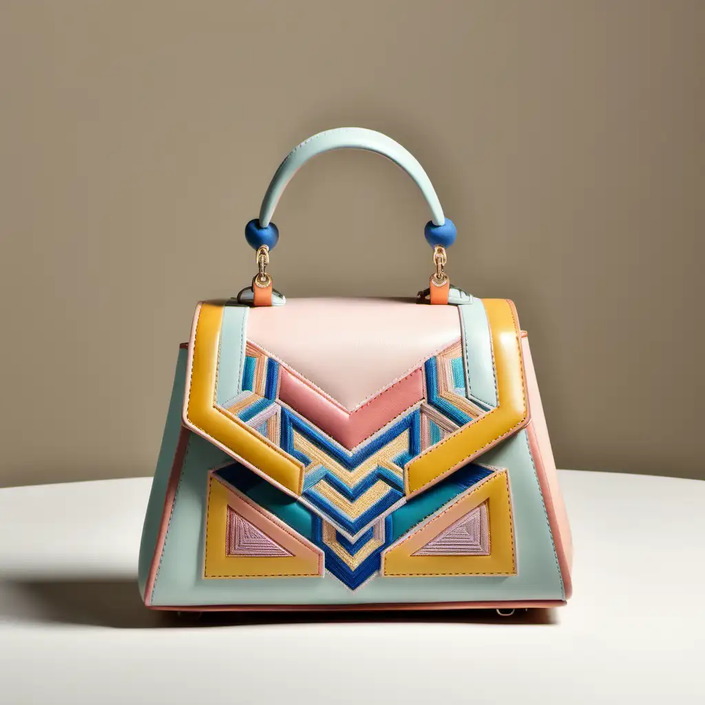 Mini luxury leather bag - frontal view - embroidered inserts color contrast with geometric design- pastel colors 