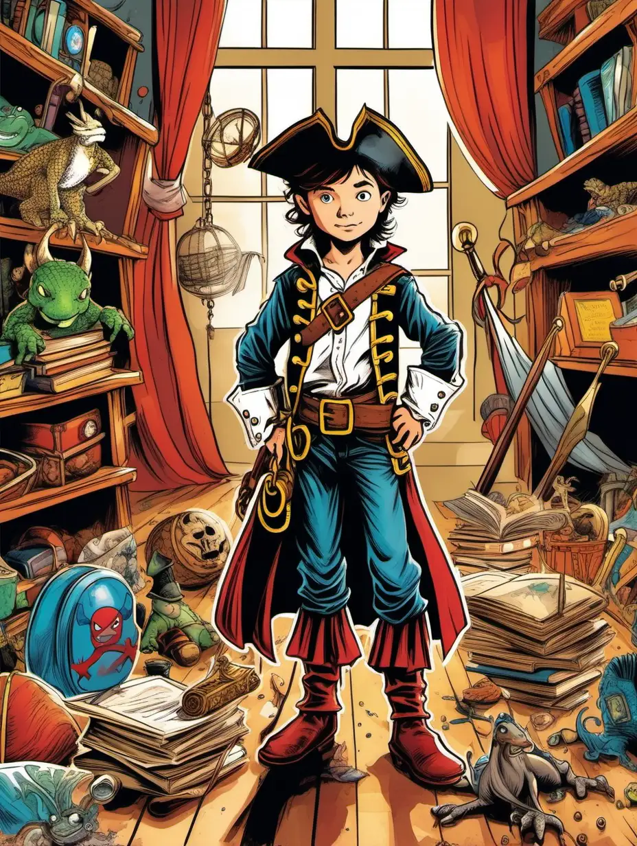 Boy Max in a pirate costume in a room with clothes, toys and books. Things are scattered on the floor, and posters of superheroes and dragons hang on the walls.. storybook illustration,
 color