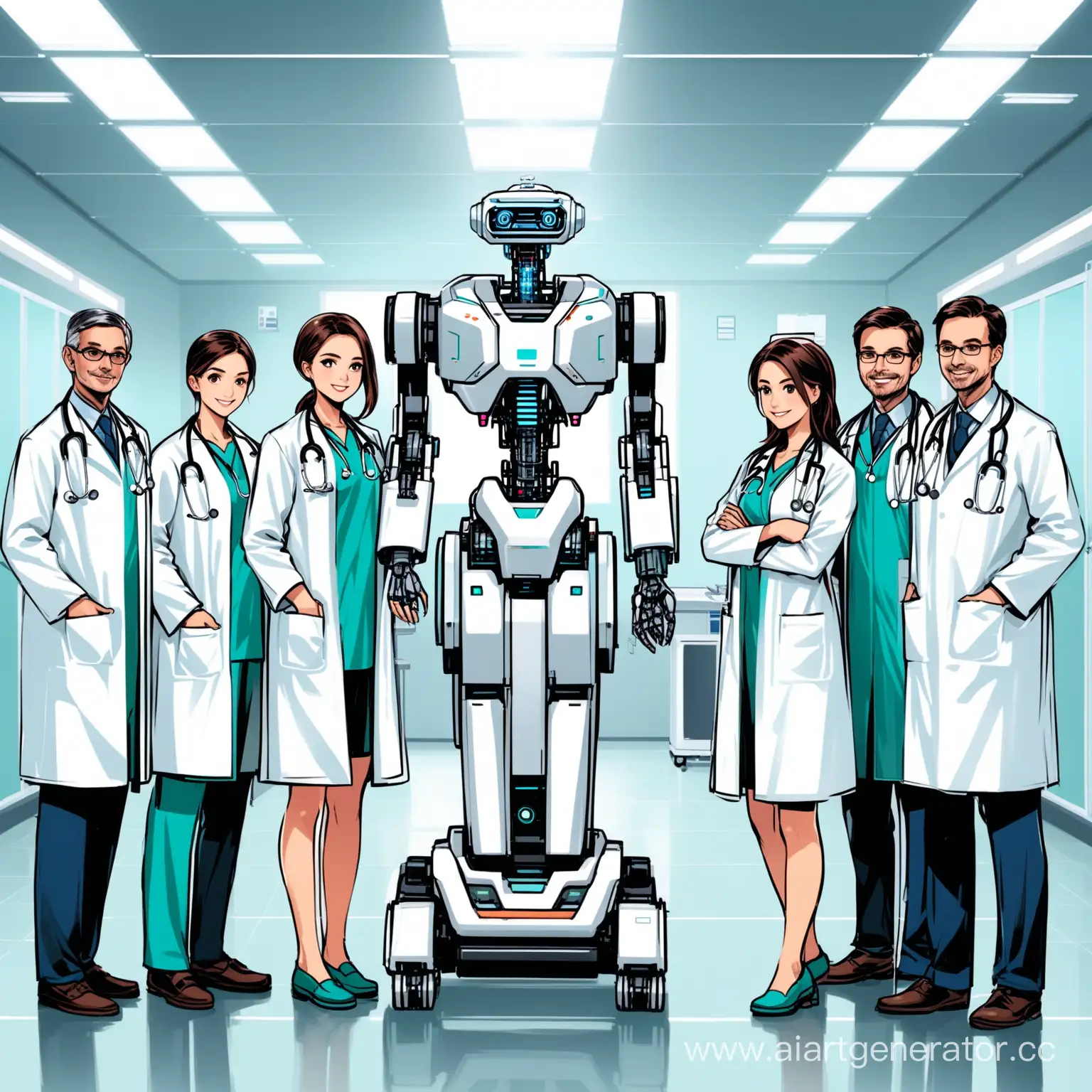команда врачей вместе с медицинским роботом
