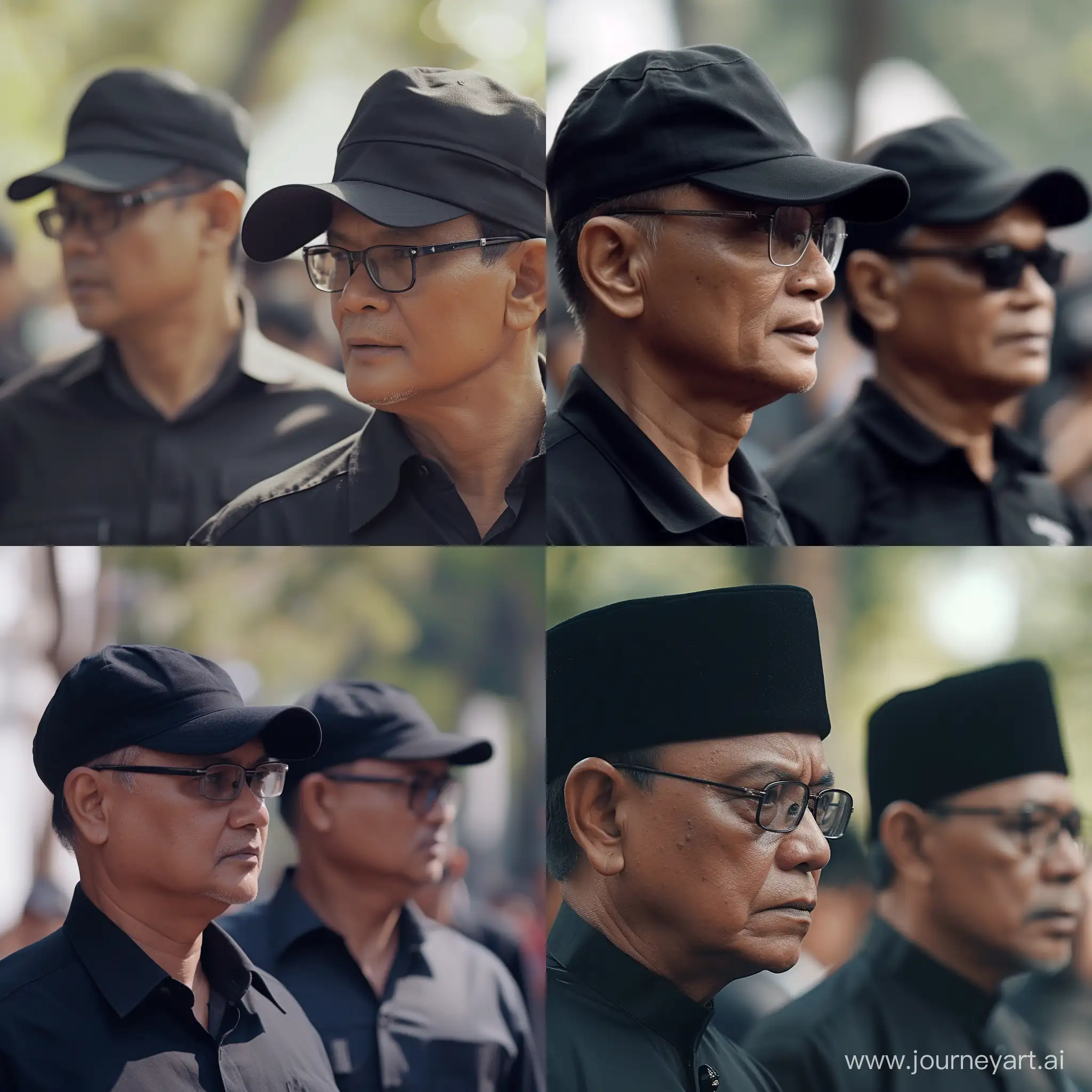 2 men who are candidates for Indonesian president are wearing black caps, the first man is wearing glasses, they are walking from a distance. movie scene