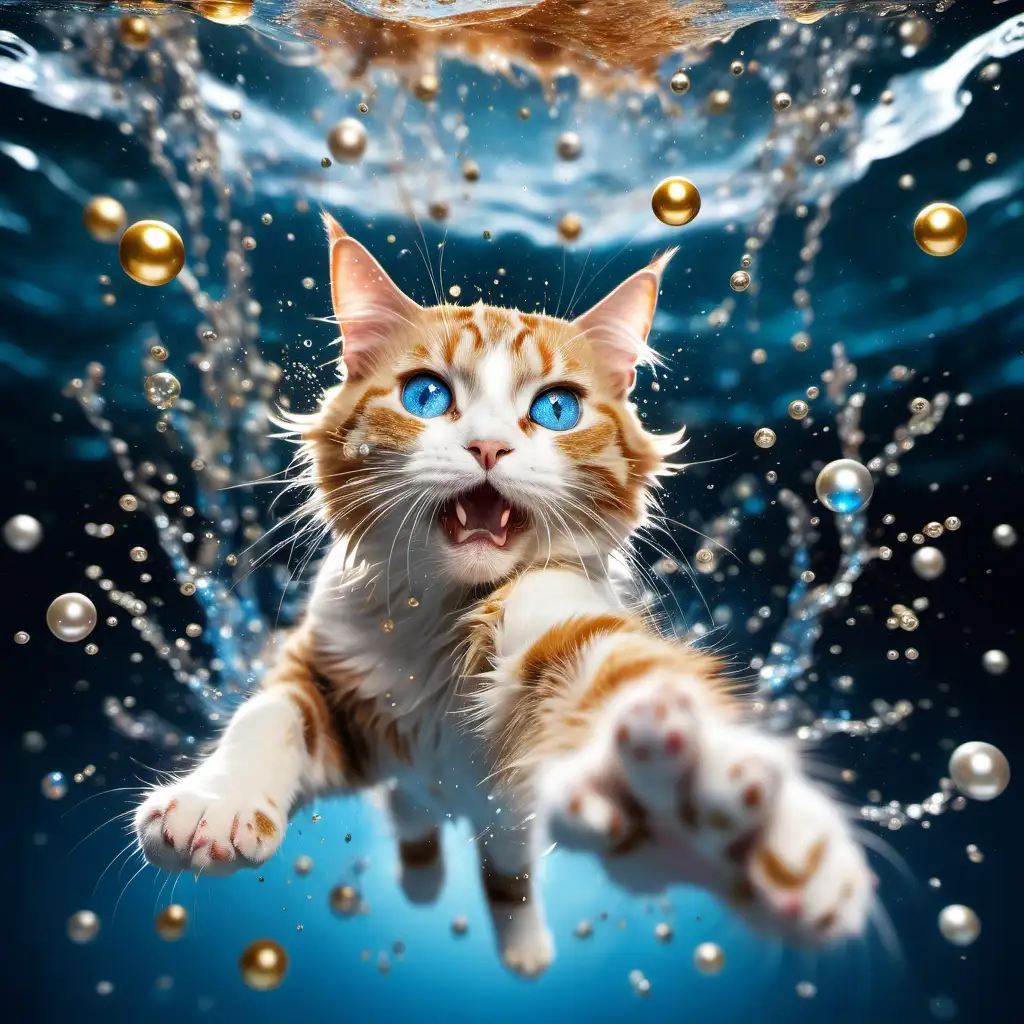 Graceful Cat Dive with Floral Adorned Eyes and Abstract Water Splash Background