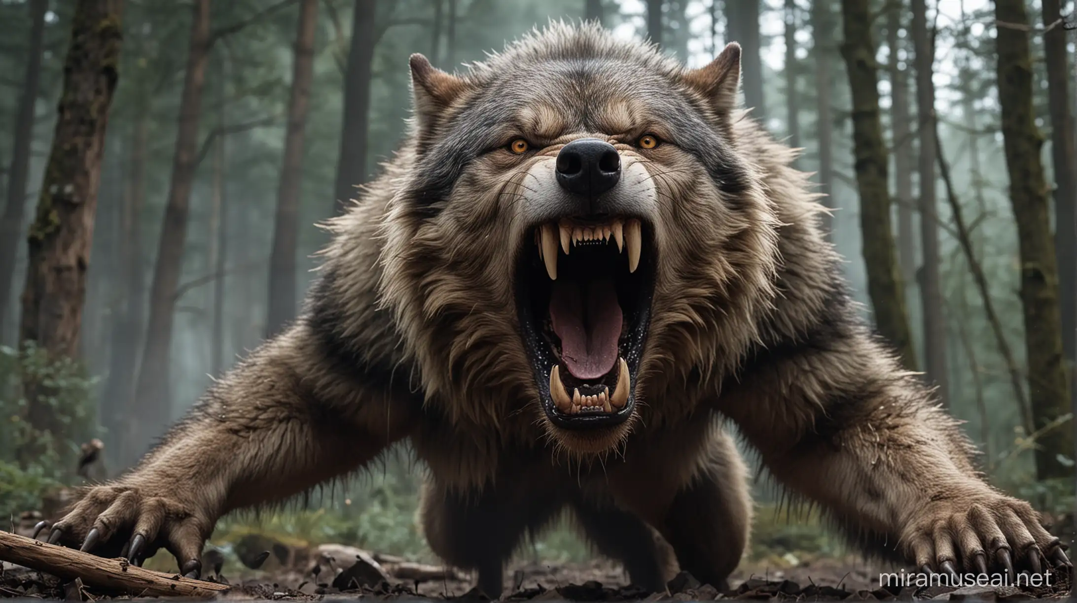 большой волк скалит зубы, нападает 
