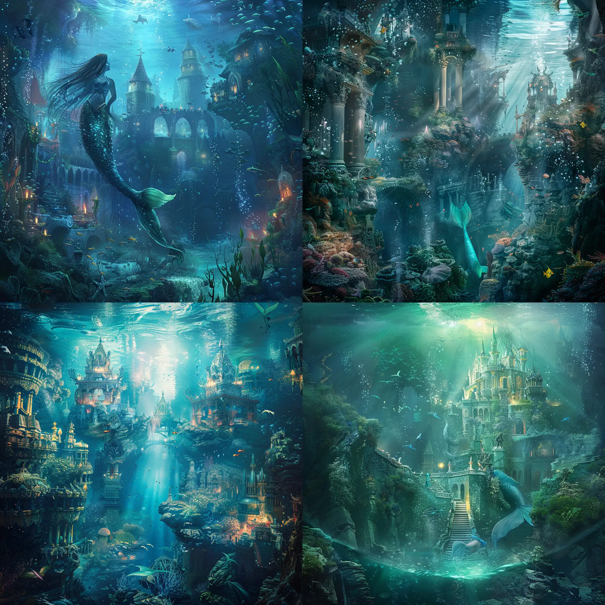 An underwater image of a mermaid kingdom. Magical fantasy mysterious etheral highly detailed.