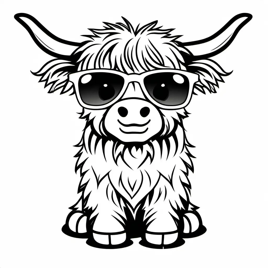 Baby highland cow wearing sunglasses coloring page, Coloring Page, black and white, line art, white background, Simplicity, Ample White Space. The background of the coloring page is plain white to make it easy for young children to color within the lines. The outlines of all the subjects are easy to distinguish, making it simple for kids to color without too much difficulty