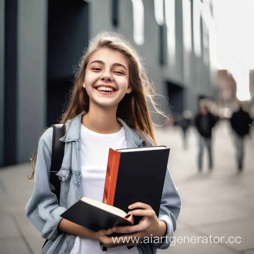 молодая девушка 18 лет в современном городе, восторженно улыбается, в руках книга