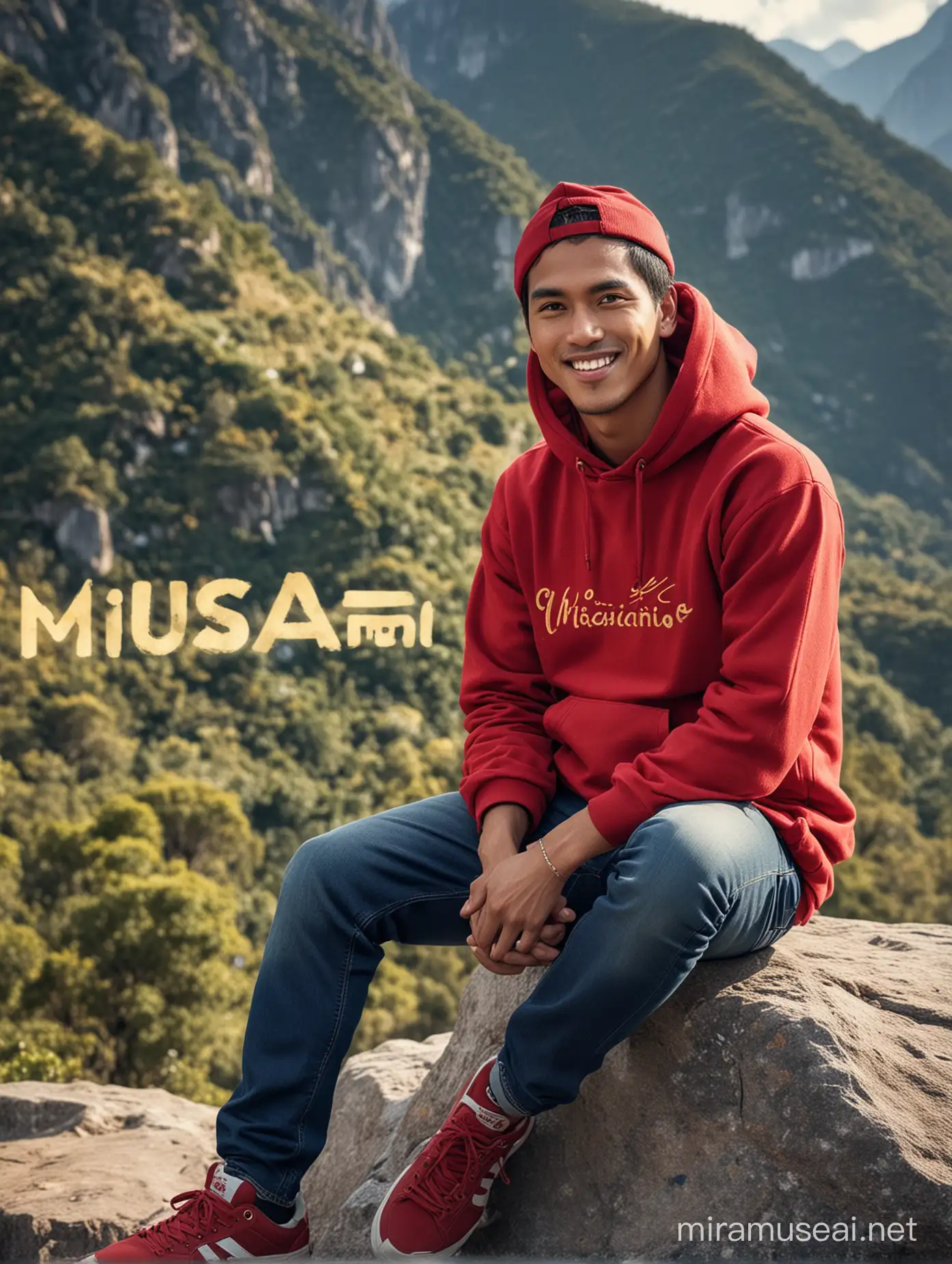 Handsome Indonesian Man Named Musafir Enjoying Mountain View in Red Hoodie