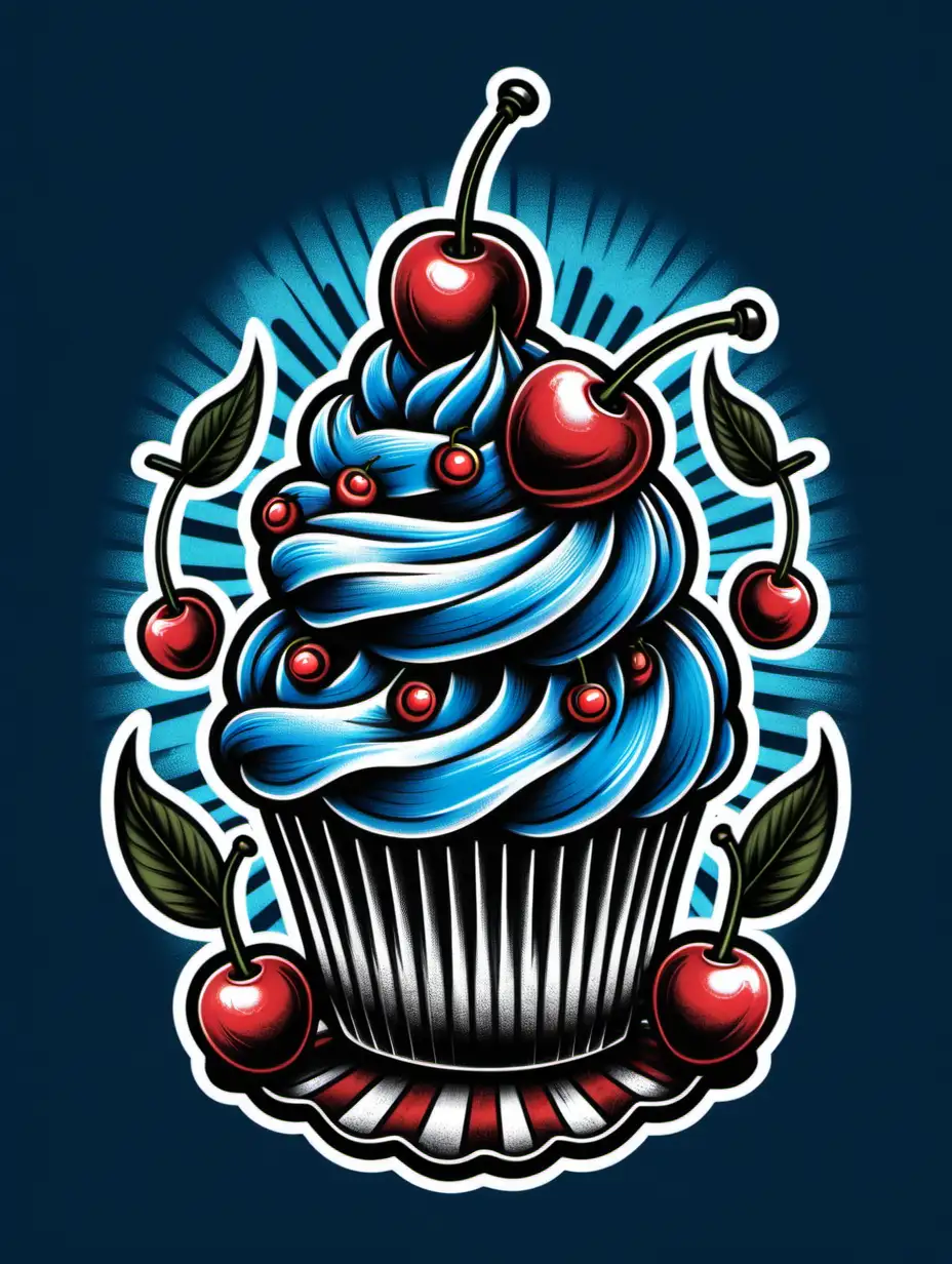 Vintage Tattoo TShirt Design Featuring a Blue Cupcake with Cherry