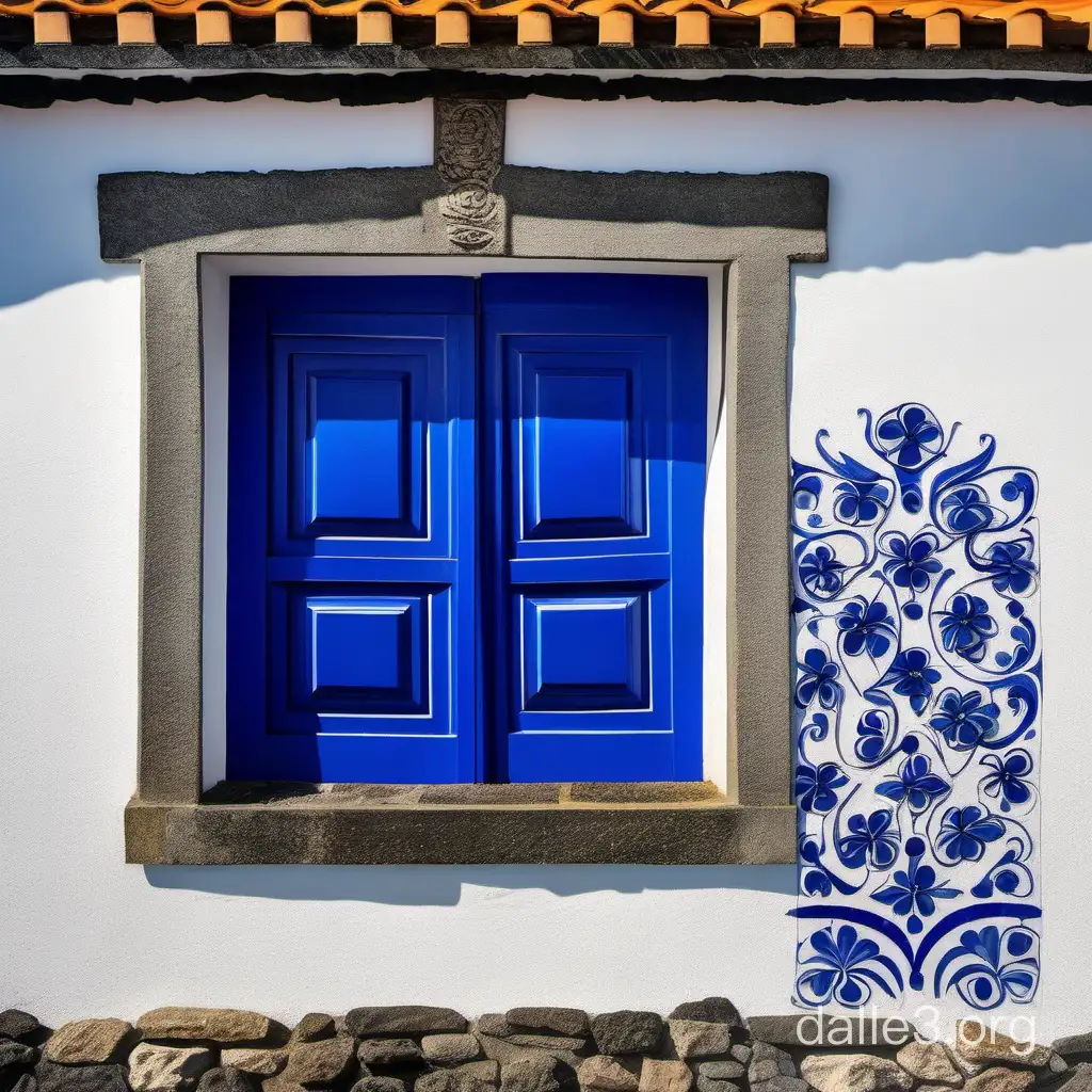 Cobalt blue and white Portuguese art at roofline on an Azorean stone sea cottage