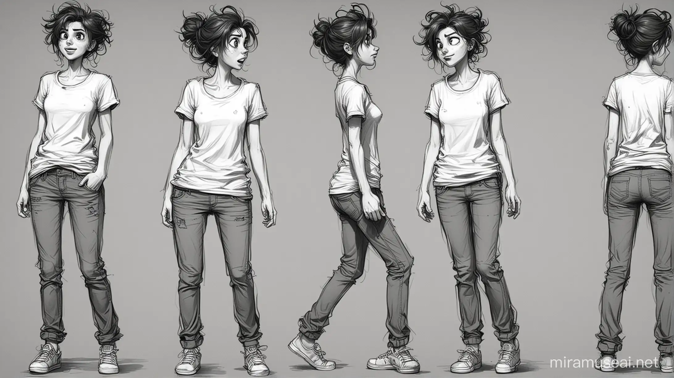 یک طراحی اسکیچ سیاه و سفید میخوام از زاویه و حالت های مختلف حرکتی یک کاراکتر کارتونی دختر تینیحر با موهای عجیب و دفرمه و صورت ساده با تی شرت شلوار ساده