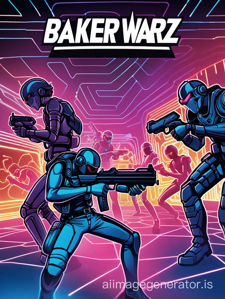 The comic book cover titled "BAKER WARZ" presents a captivating yet simple scene, drawing viewers into the heart of a laser tag arena. The background features a group of people engaged in a laser tag battle, their silhouettes illuminated by the soft glow of neon lights. The simplicity of the scene lends it an aesthetic charm, allowing the focus to remain on the essence of the game.

Against the backdrop of the laser tag arena, the silhouettes of players are depicted in various dynamic poses, evoking a sense of motion and excitement. Some players are seen darting behind obstacles, while others stand poised with their laser guns raised, ready to unleash a barrage of light beams. The interplay of light and shadow adds depth to the scene, enhancing its visual appeal.

In the foreground, the title "BAKER WARZ" is elegantly displayed in bold lettering, complementing the simplicity of the overall composition. The typography is sleek and modern, with subtle accents that echo the futuristic theme of the comic book. Beneath the title, a tagline teases the excitement and adventure awaiting within the pages of the comic.

The color palette is understated yet impactful, with muted tones that allow the neon lights of the laser tag arena to stand out against the darkness. Soft gradients and subtle textures add visual interest to the background, creating a sense of depth and atmosphere.

Overall, the comic book cover captures the essence of "BAKER WARZ" with its simple yet evocative depiction of people playing laser tag. It invites viewers to immerse themselves in the thrilling world of the game, promising an experience filled with action, strategy, and camaraderie
