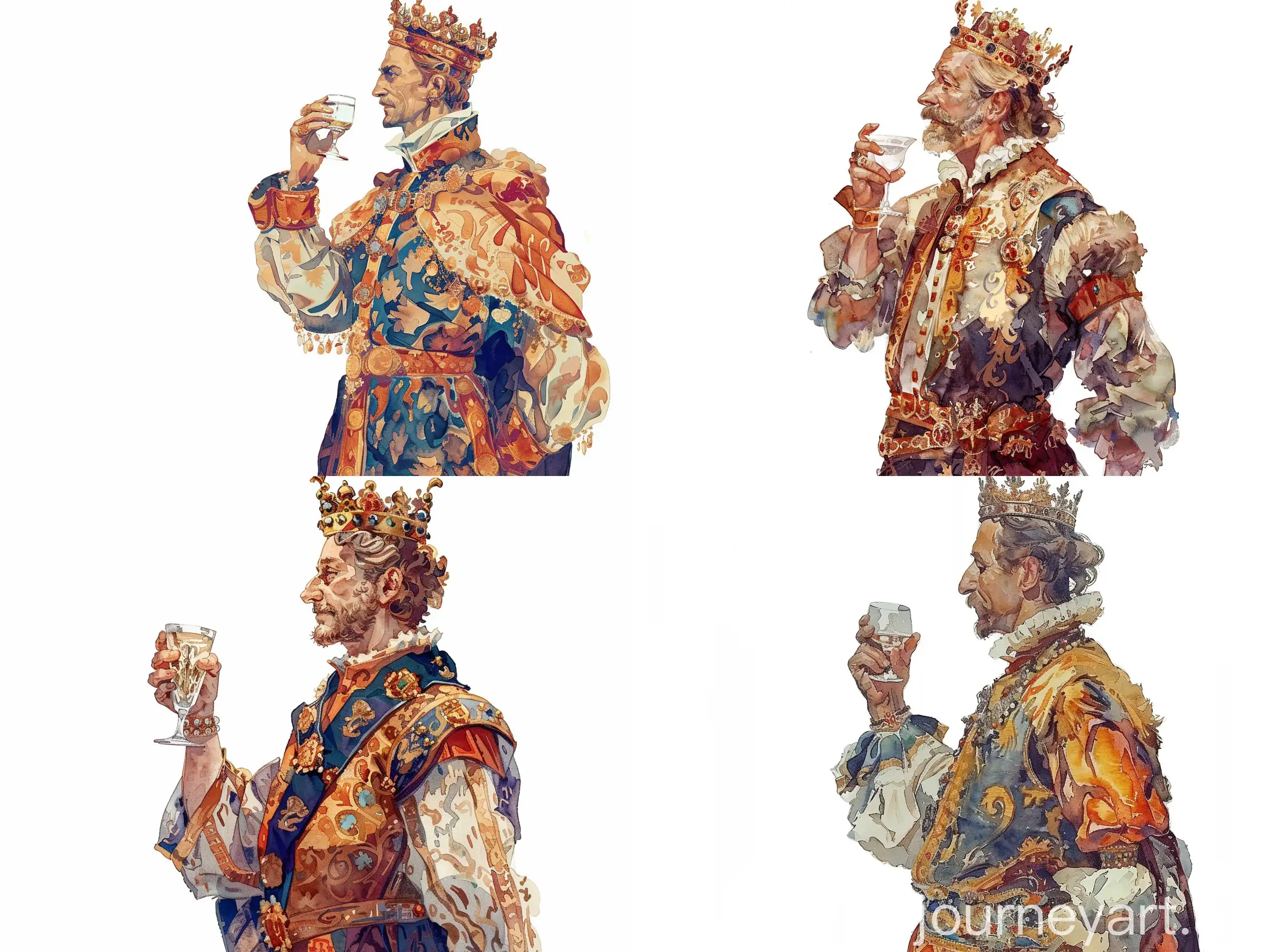 ornamental waist portrait of the ancient Qeen of Bohemia, with a crown on his head, in profile, with a glass in his hand, in very rich clothes, on a white background, watercolor style, detailed, decorative, flat illustration, Victor Ngai style