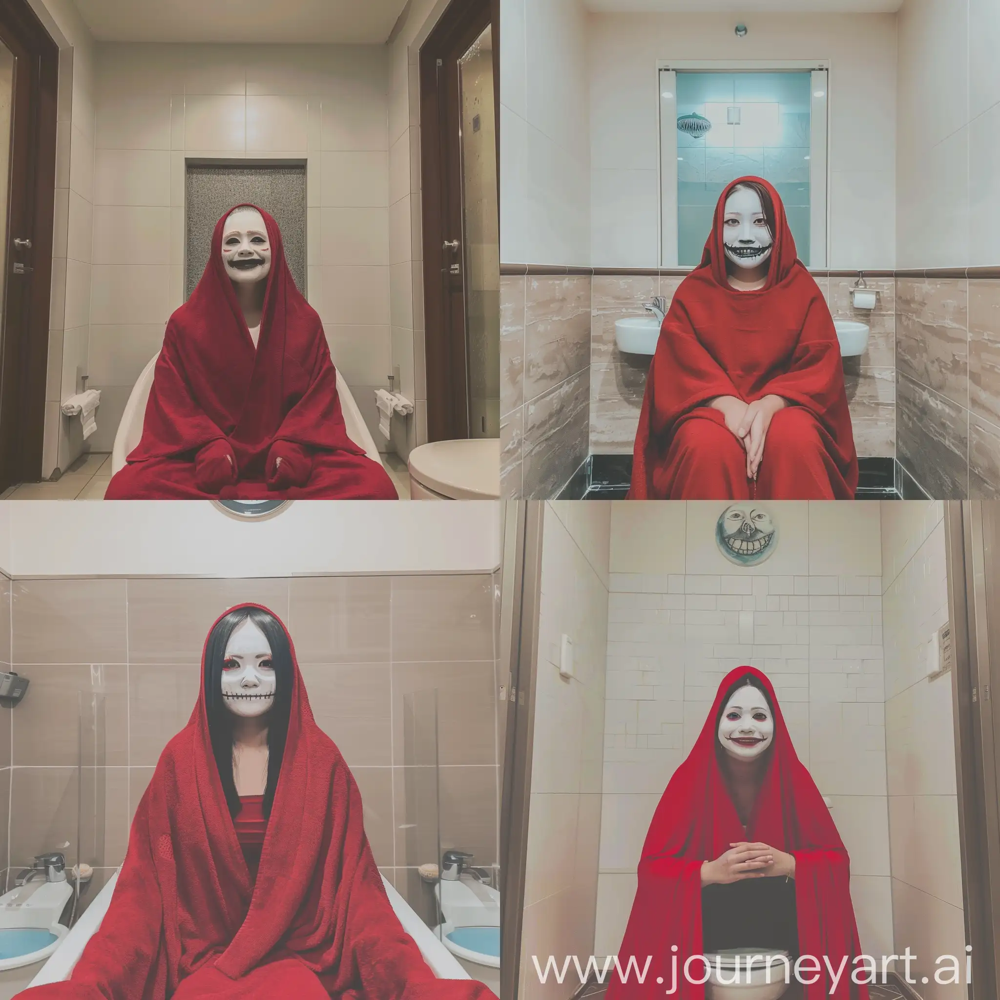 Sinister-Japanese-Folklore-Character-in-Red-Cloak-in-Bathroom