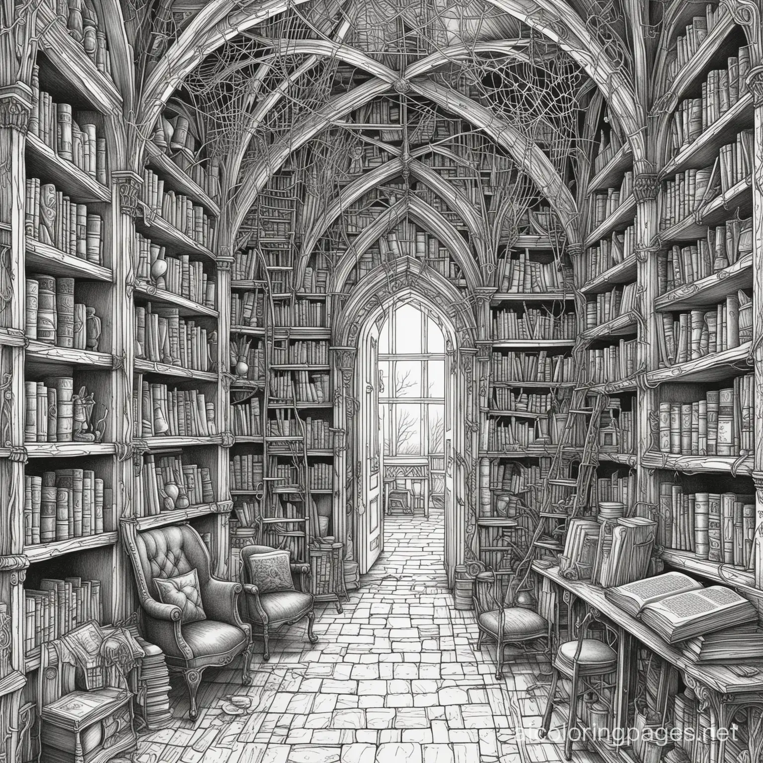 Gothic Bookstore: A cozy bookstore filled with antique books, cobwebs, and hidden passages, Coloring Page, black and white, line art, white background, Simplicity, Ample White Space. The background of the coloring page is plain white to make it easy for young children to color within the lines. The outlines of all the subjects are easy to distinguish, making it simple for kids to color without too much difficulty