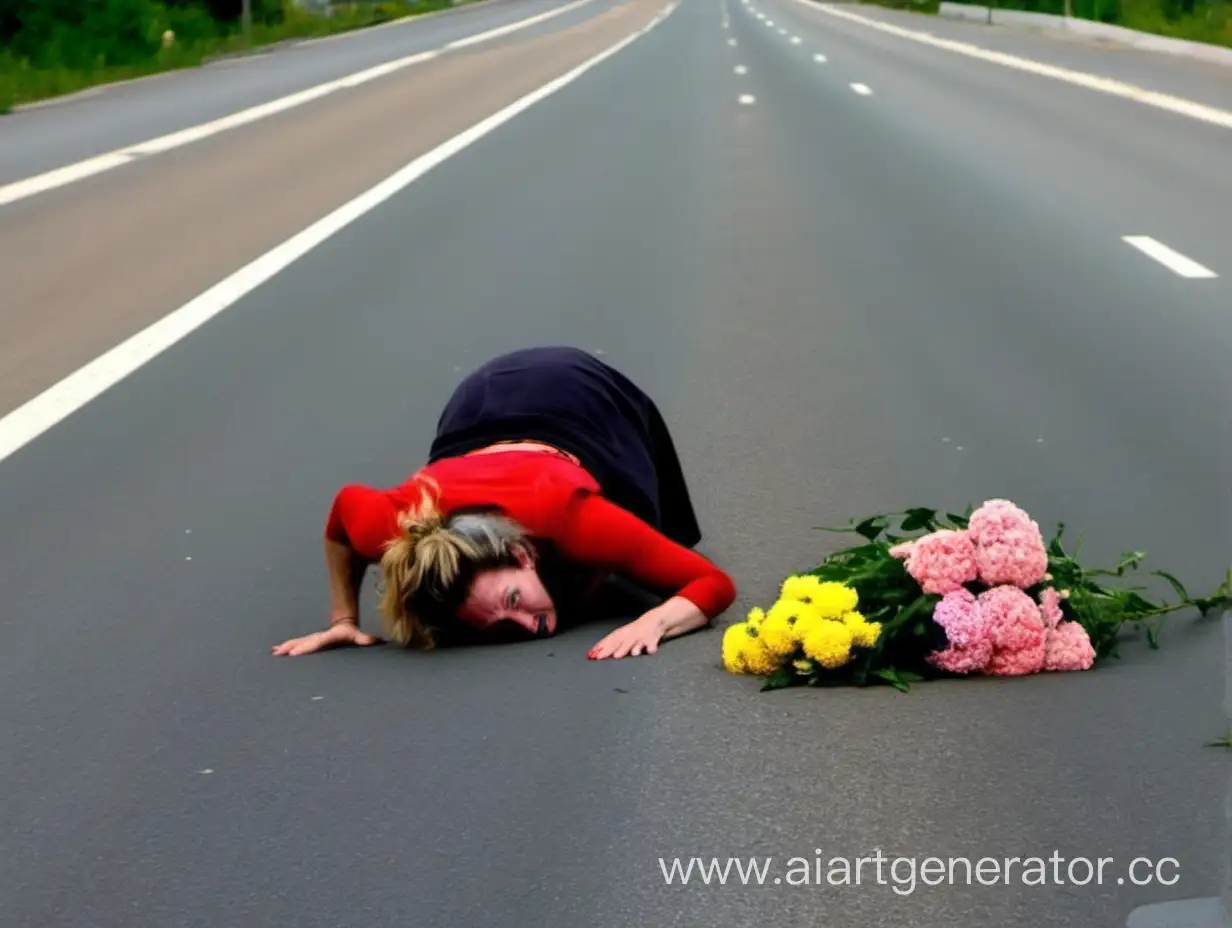 пьяная женщина с цветами ползет домой по дороге