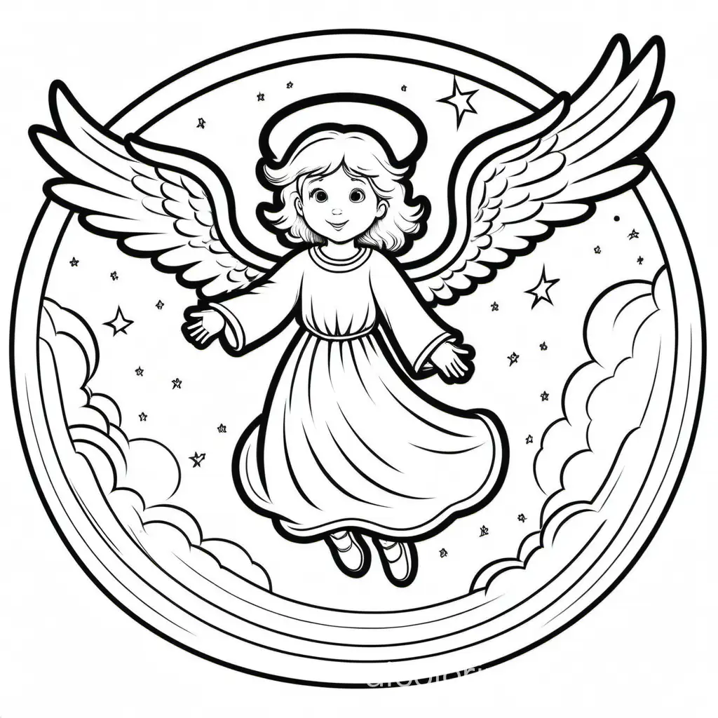 black lines, white background, a beautiful angel  flying horizontally towards planet Earth., Coloring Page, black and white, line art, white background, Simplicity, Ample White Space. The background of the coloring page is plain white to make it easy for young children to color within the lines. The outlines of all the subjects are easy to distinguish, making it simple for kids to color without too much difficulty