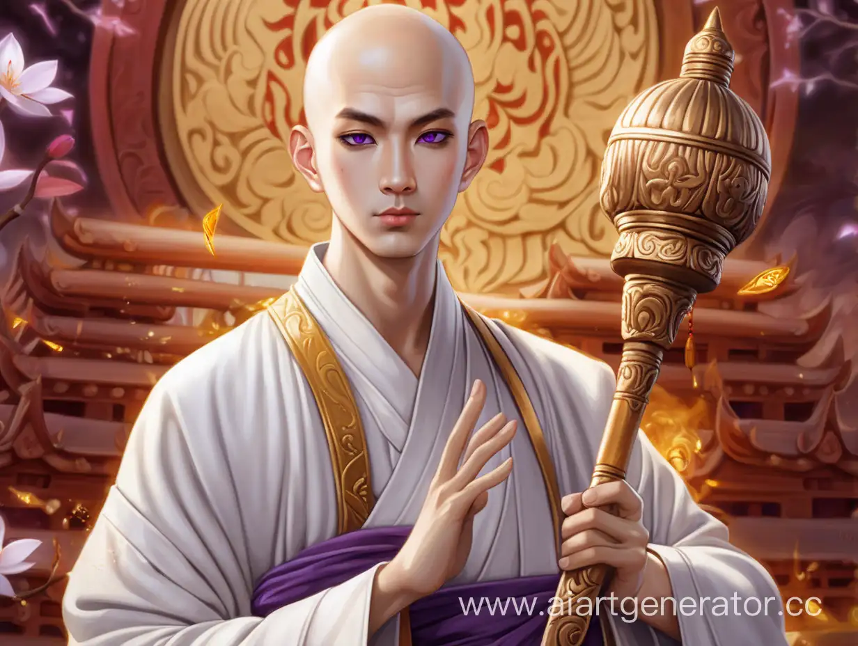 Очаровательный лысый юноша, буддистский монах, большие фиолетовые глаза, белый халат, золотой посох в руке, красивый парень