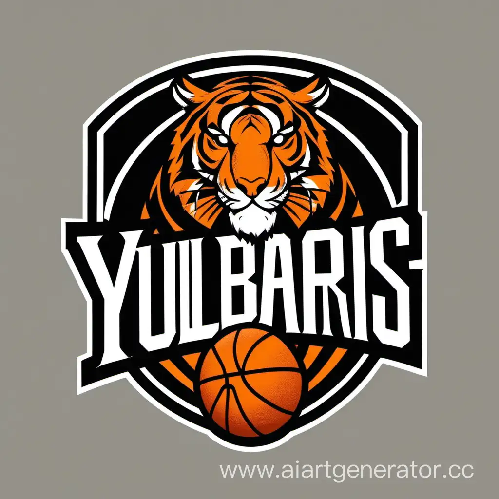 логотип для баскетбольной команды ,оранжевые чёрные и белые и тигр,баскетбольный мяч .баскетбольное кольцо ,форма ,название ЮЛБАРЫС
