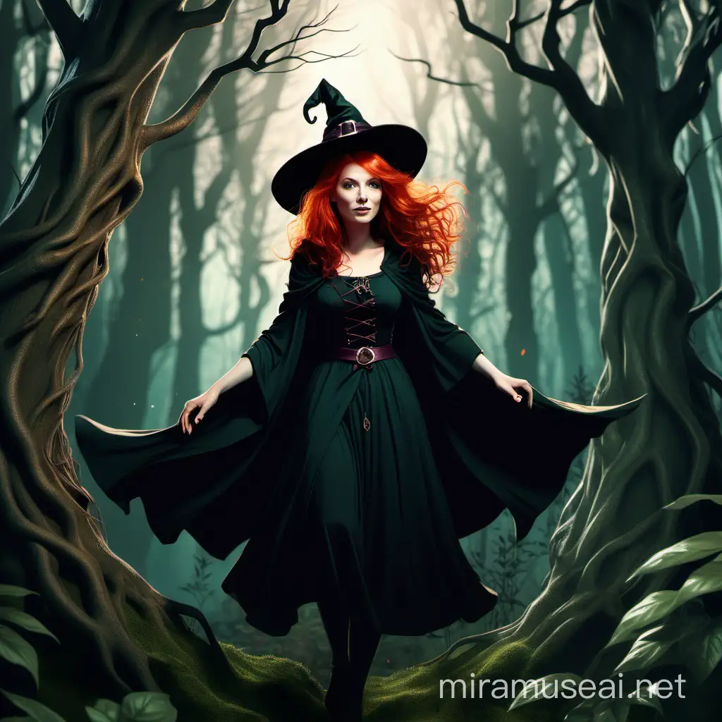 Enchanted Forest RedHaired Witch Illustration