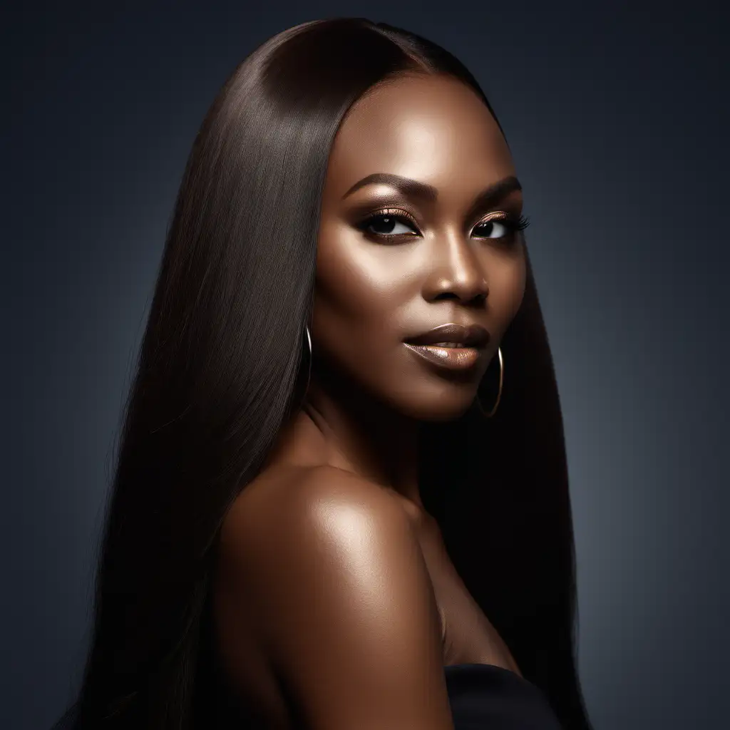 Produce a striking full portrait featuring a confident African American woman with sleek, long hair. Emphasize radiant skin, precise makeup, and captivating features for our beauty campaign's powerful visual statement. 