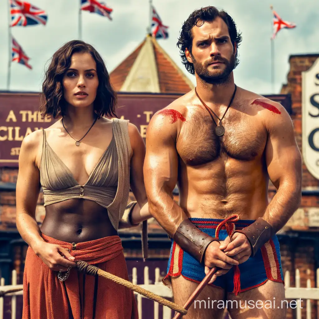 Old street London, 1920s. Slave auction. Plaque written “SLAVE”. A maiden auctioning a slave. Maiden holding stick. Next to her, slave actor Henry Cavill. Cavill, wrists bound by chains, red bruise marks on his body. Henry Cavill shirtless wears rag shorts, beard, intense chest hair, serious look.