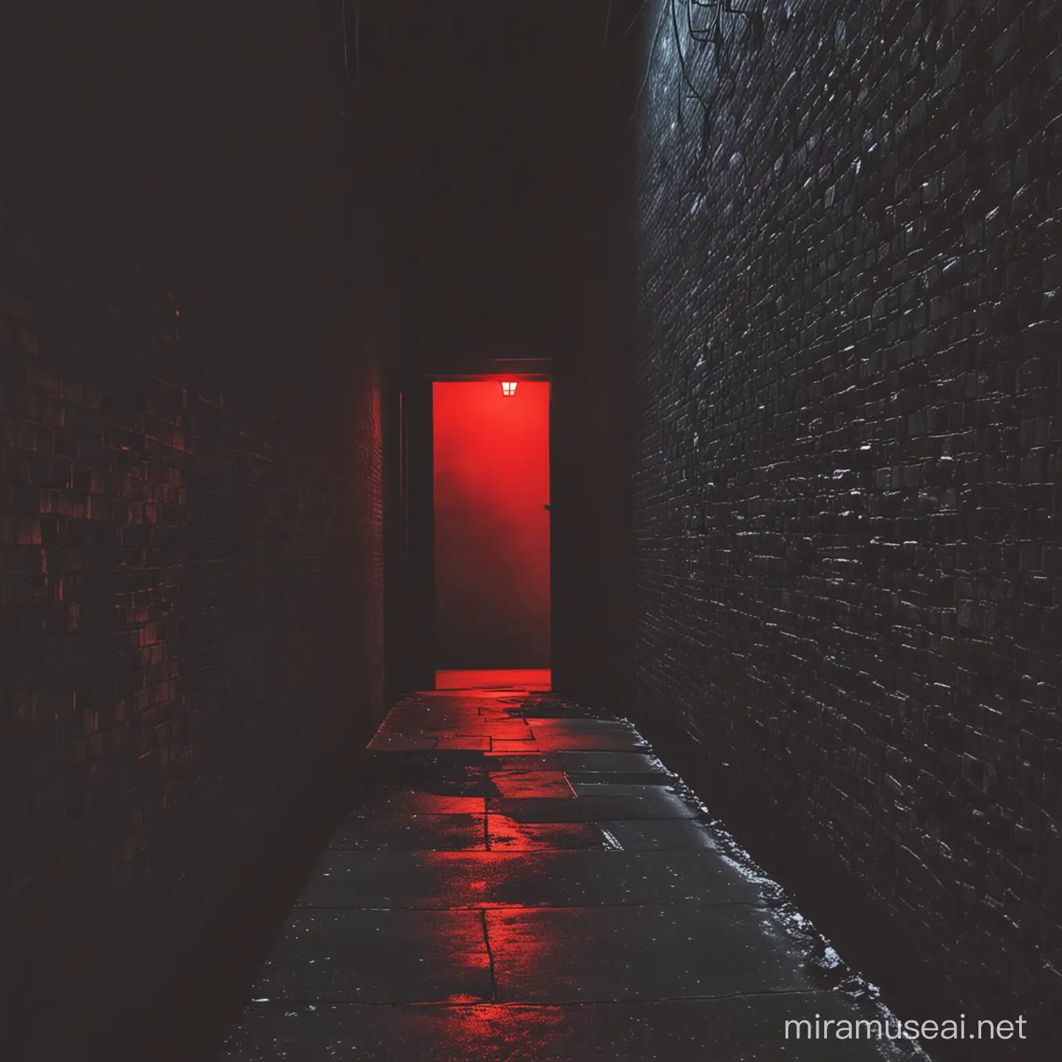 can you please make me a photo of a window at the end of a dark alley with glowing red light coming out of it?
