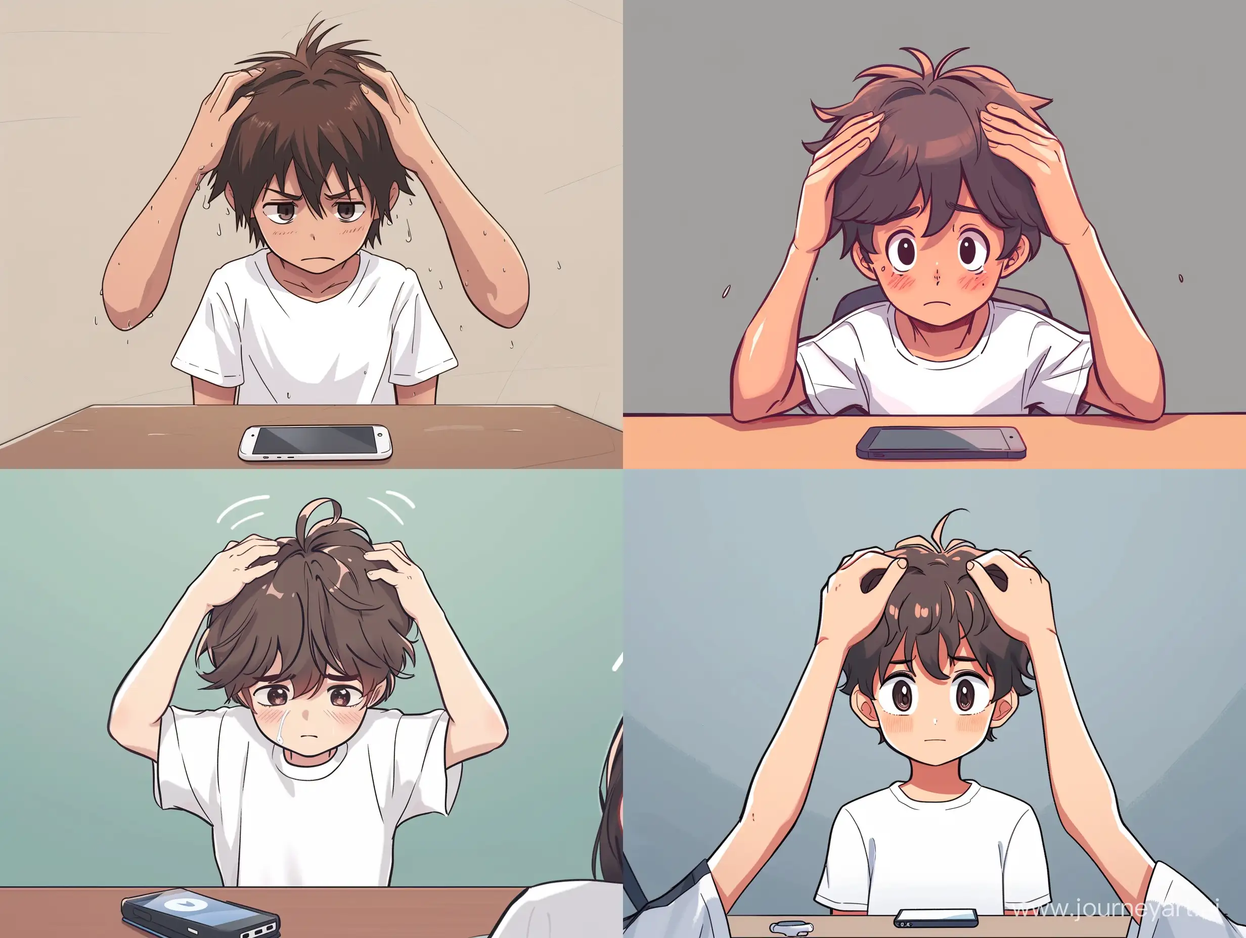 ((anime style, slightly chibi style)), a boy bow your head to the table, two hands scratch the hair, there is a smartphone on the table, 3/4 view, best quality, desperate expression, white T-shirt, head tilt down  --ar 4:3 