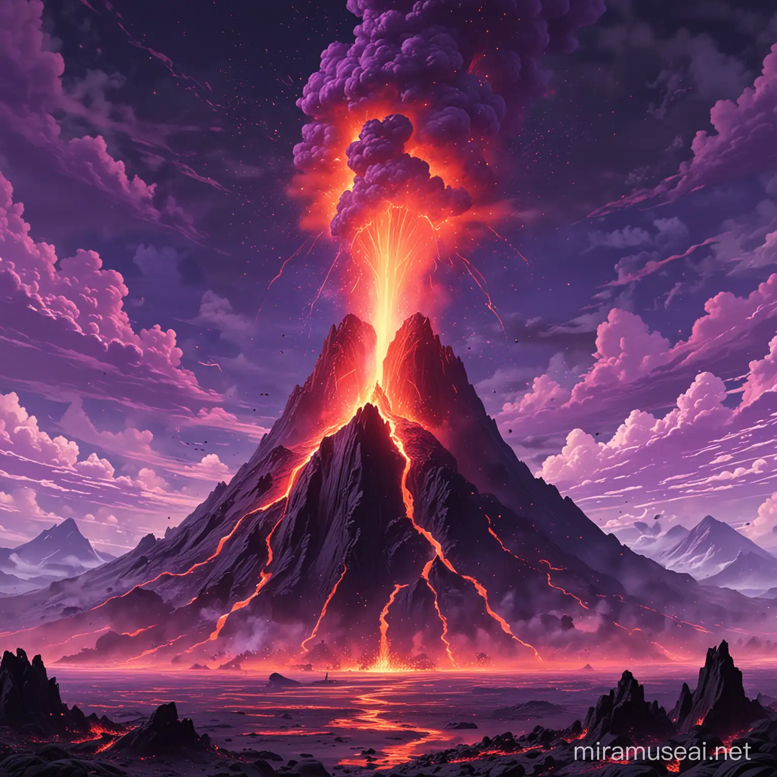 a large and tall volcano with a purple-colored lava explosion. Do it anime style