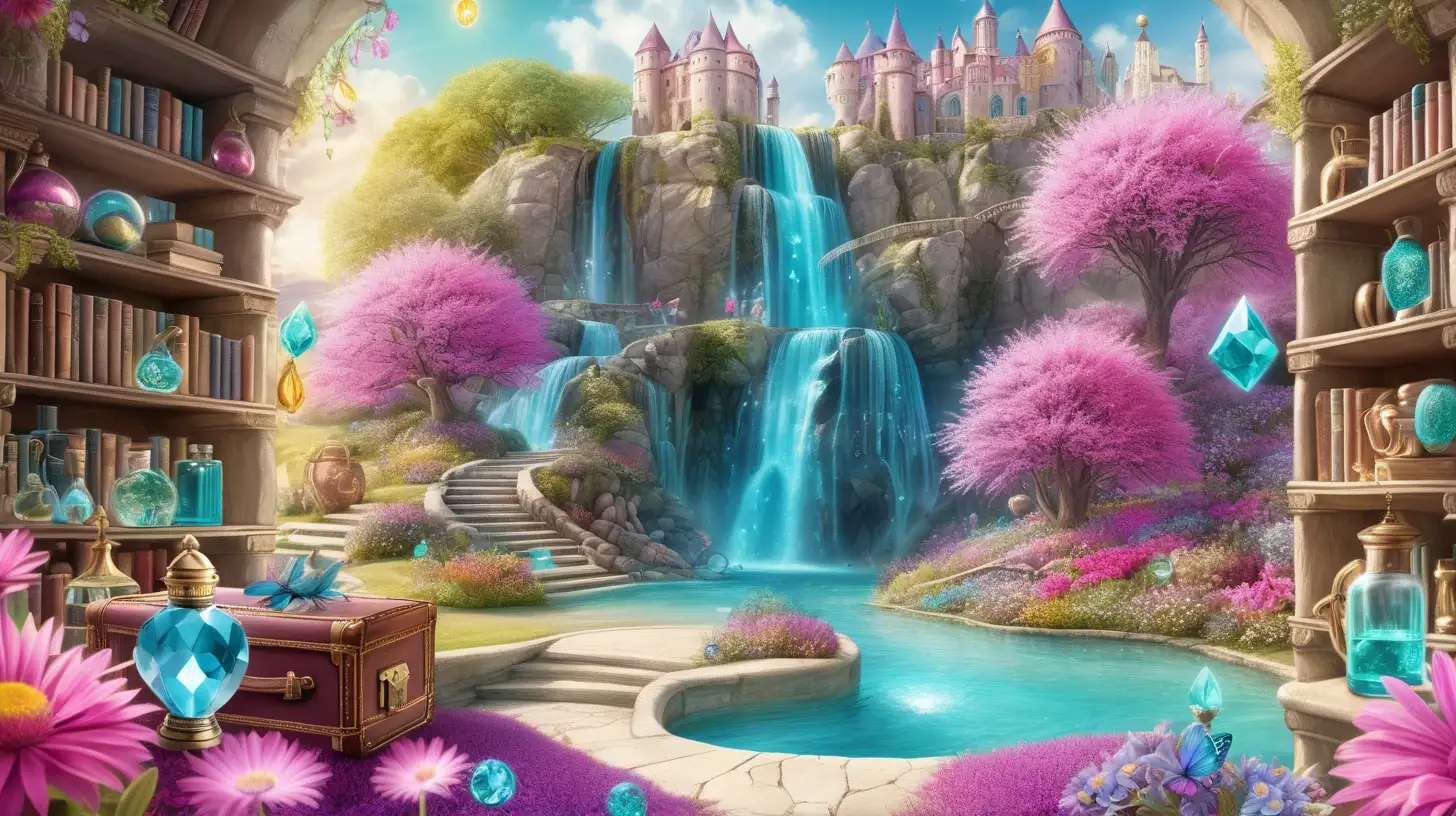 Enchanted Fairytale Oasis Sparkling Waters Treasure Chests and Magical Potions