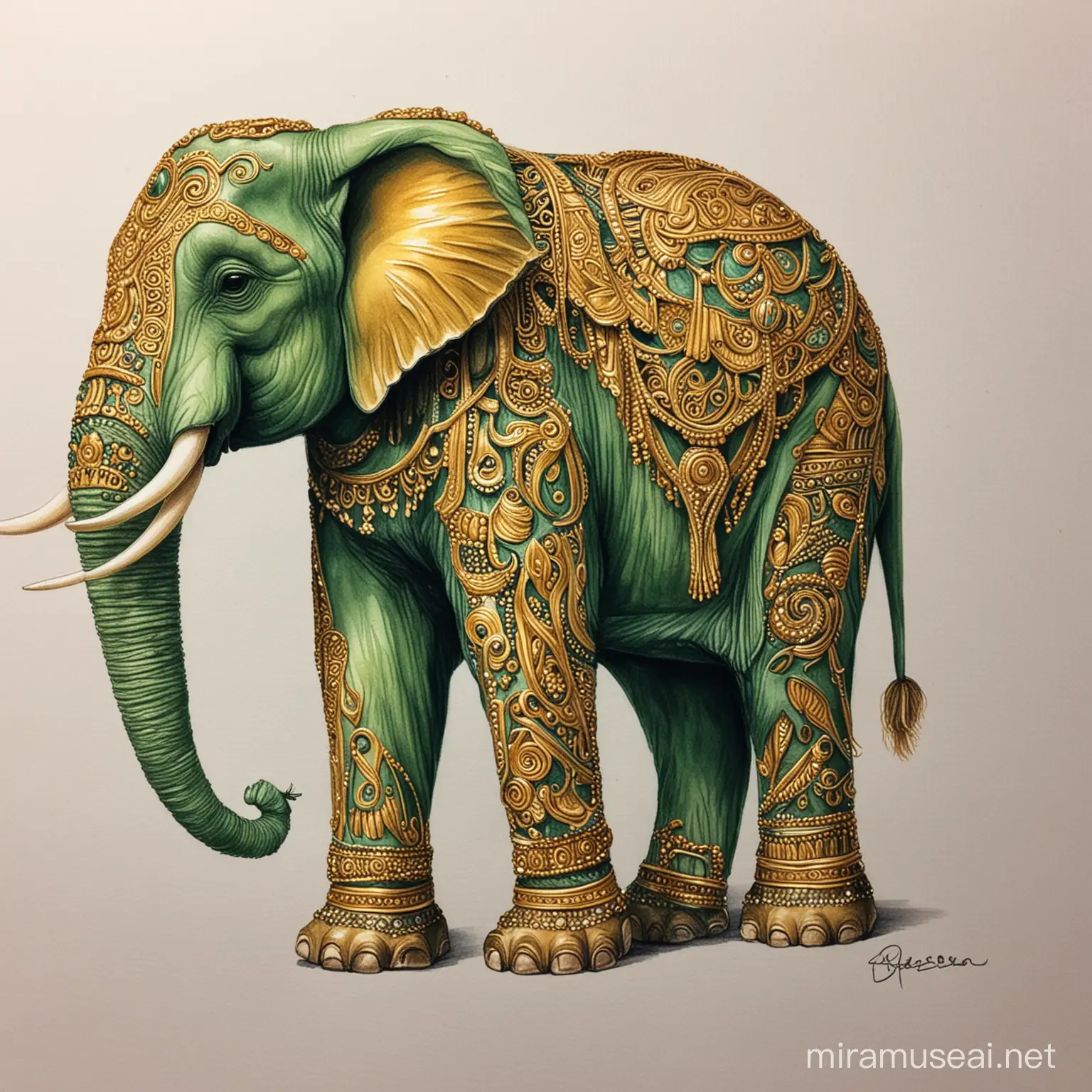Enchanting Green and Gold Elephant Artwork