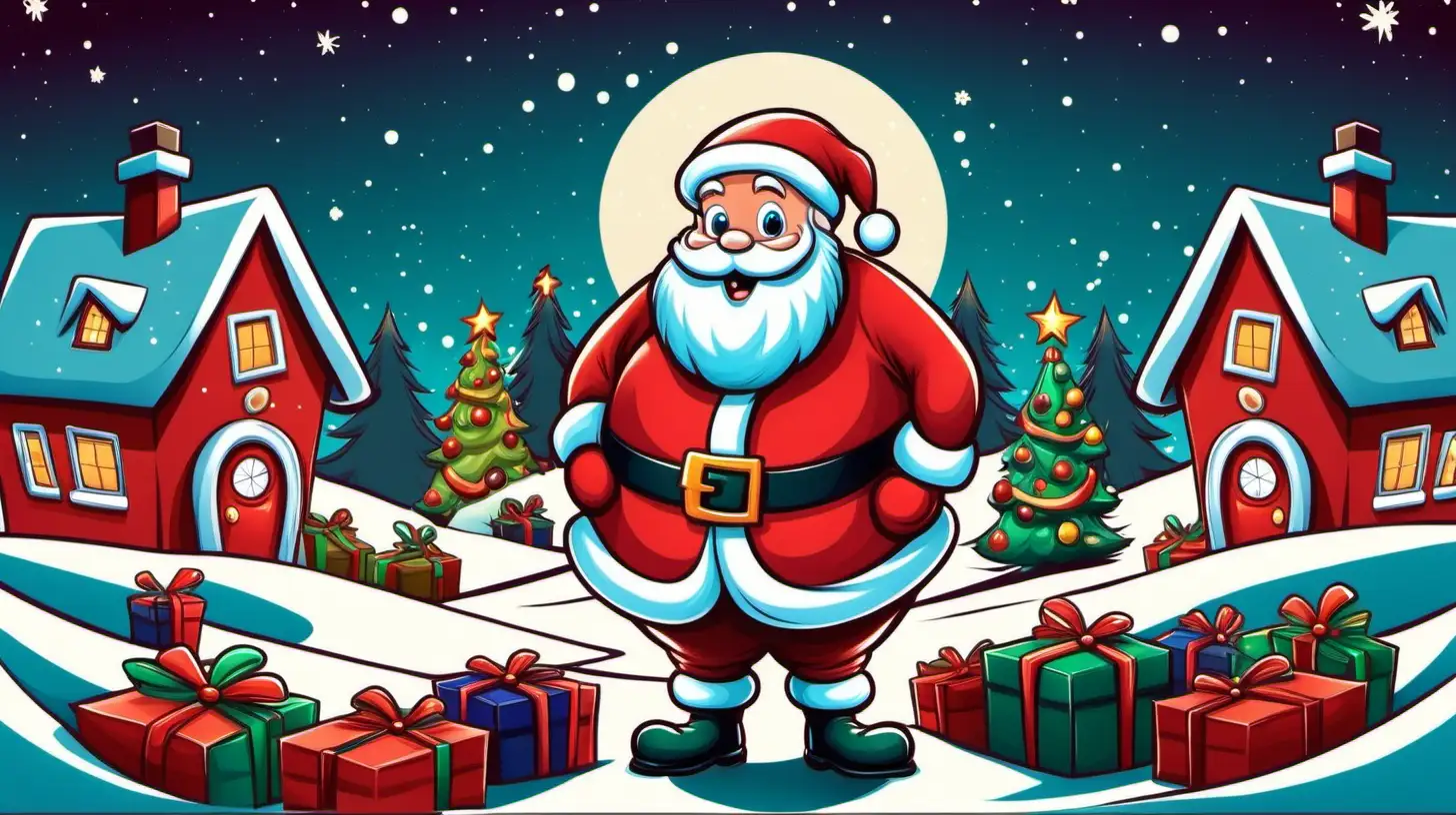 Cheerful Cartoon Santa in Festive Christmas Scene Whimsical Holiday Illustration