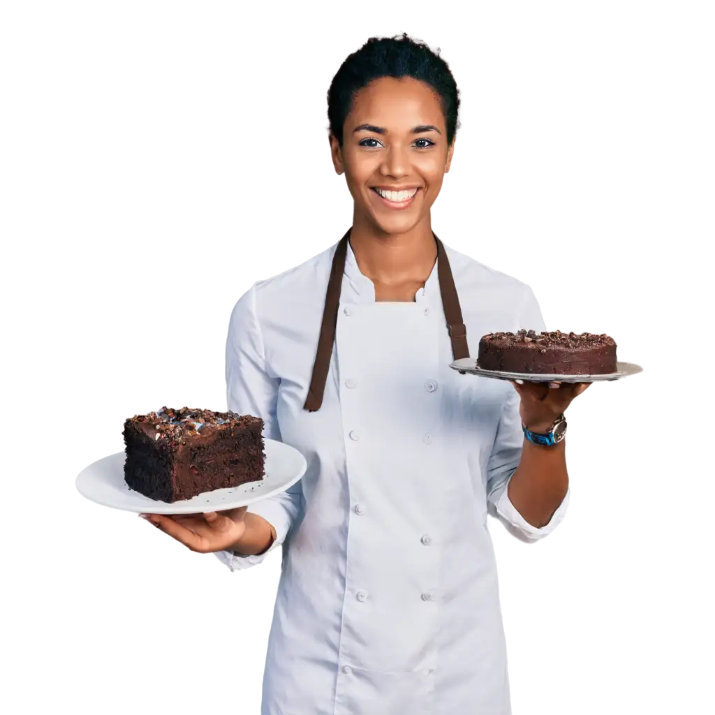 Patissière noire avec un plat en main contenant du gâteau au chocolat et un jolie sourire