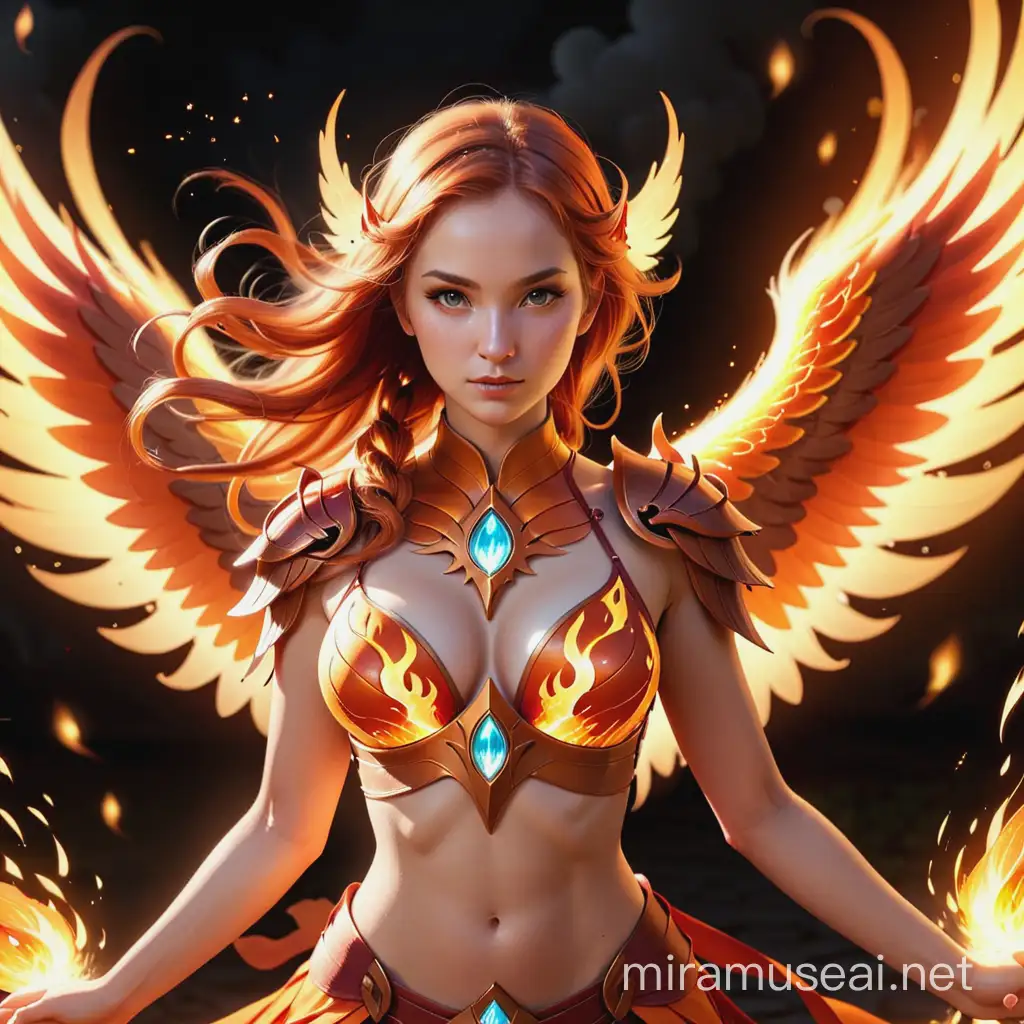 female phoenix fairy warrior with flames around her... inquadratura totale...dietro di lei fiamme e scintille 