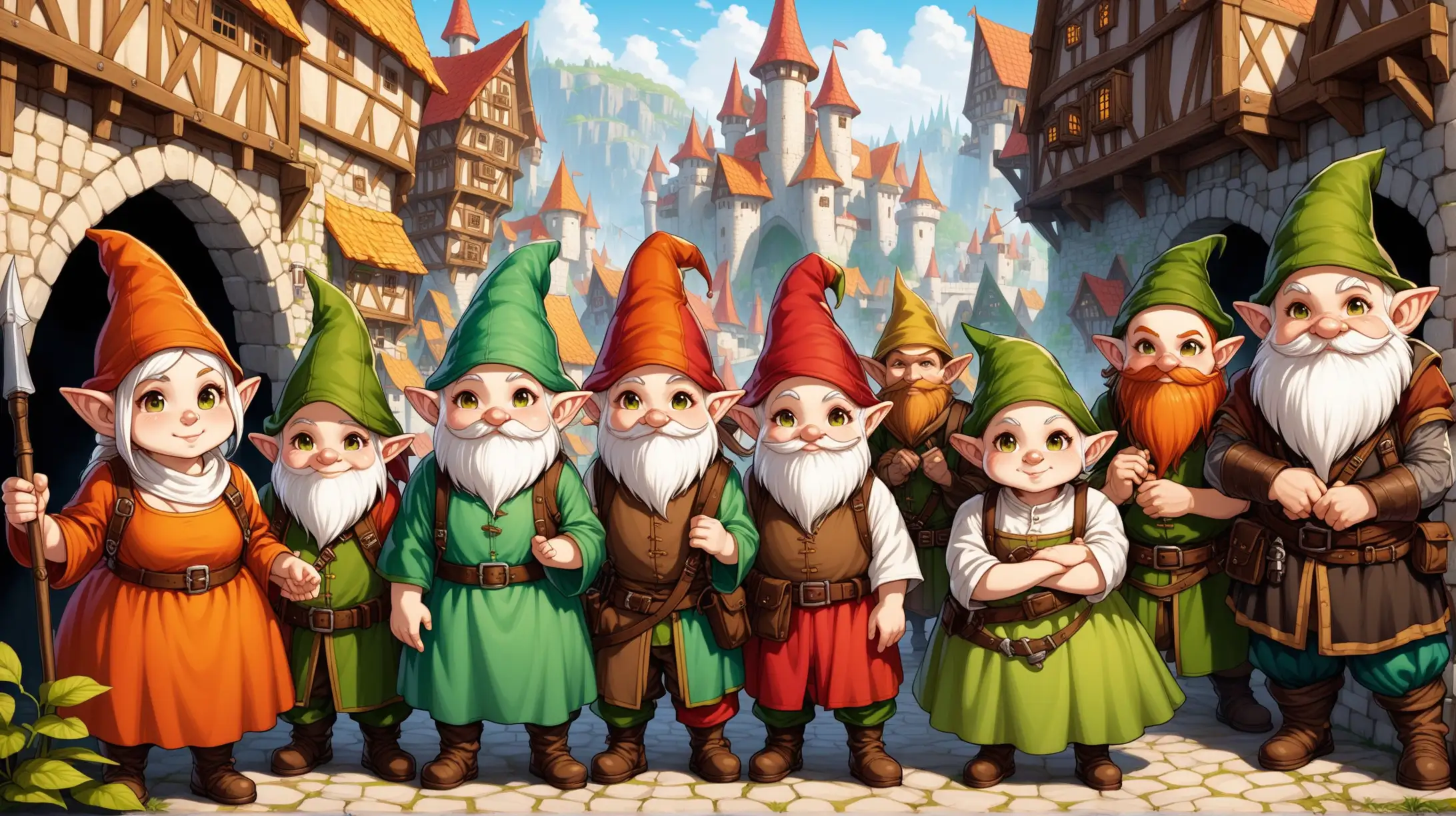 young fair skin gnomes, men and clean shaved women with no beard, rogues and artificers, underground gnome city, Medieval fantasy