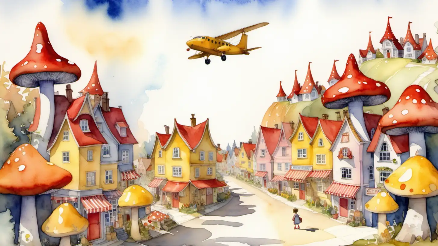 Watercolour fairytale setting. An aeroplane casts a shadow over a pixie town of yellow and red mushroom houses and shops