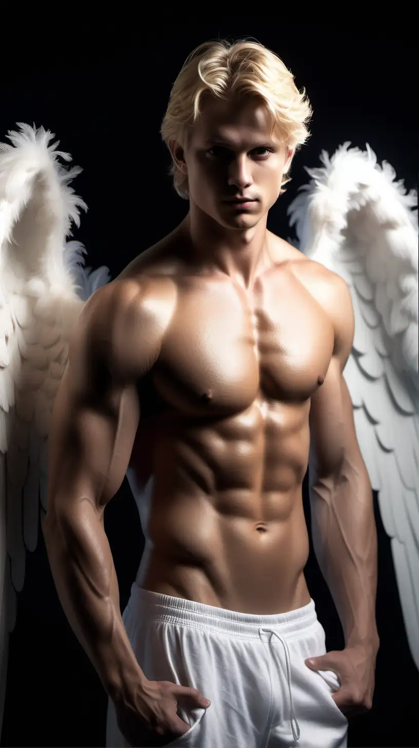 Prompt blond male angel with angel wings body Prompt /imagine prompt : An ultra-realistic photograph captured with a canon 5d mark III camera, equipped with an 85mm lens at F 1.8 aperture setting, portraying male athlete mythical body. The background is dark with bright white studio light highlighting the subject's body and face. The image, shot in high resolution and a 9:16 aspect ratio, captures the subject’s natural beauty and sexuality with stunning realism Soft spot light gracefully illuminates the subject’s body, highlighting the body, casting a dreamlike glow. make it really realistic and detailed --ar 9:16 --v 6 --style raw --4K ((ultra-detailed))